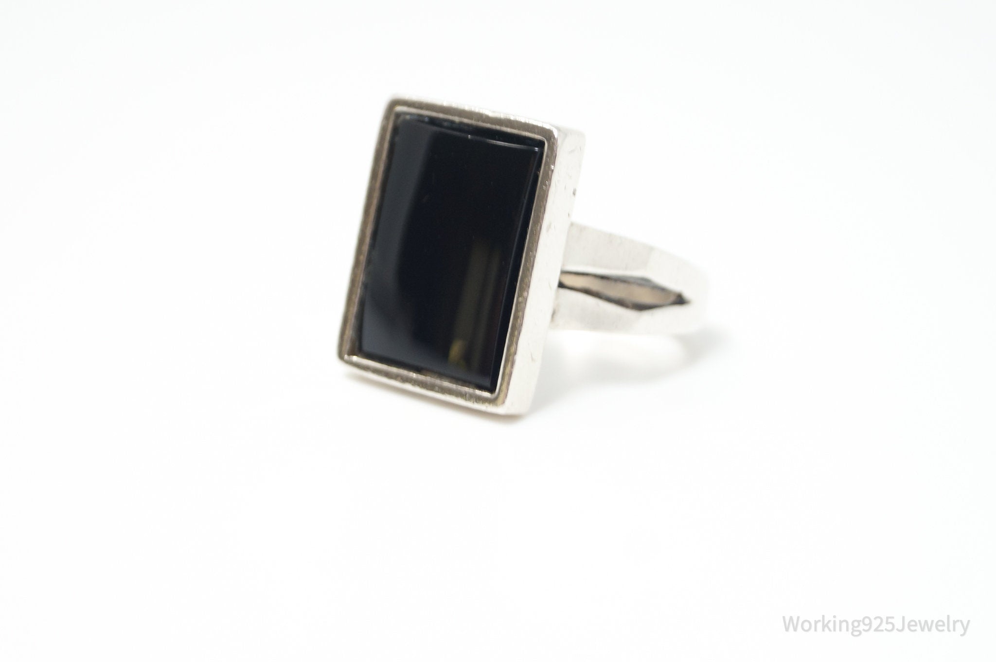 Long Vintage Art Deco Style Black Onyx Sterling Silver Ring - Sz 8.75