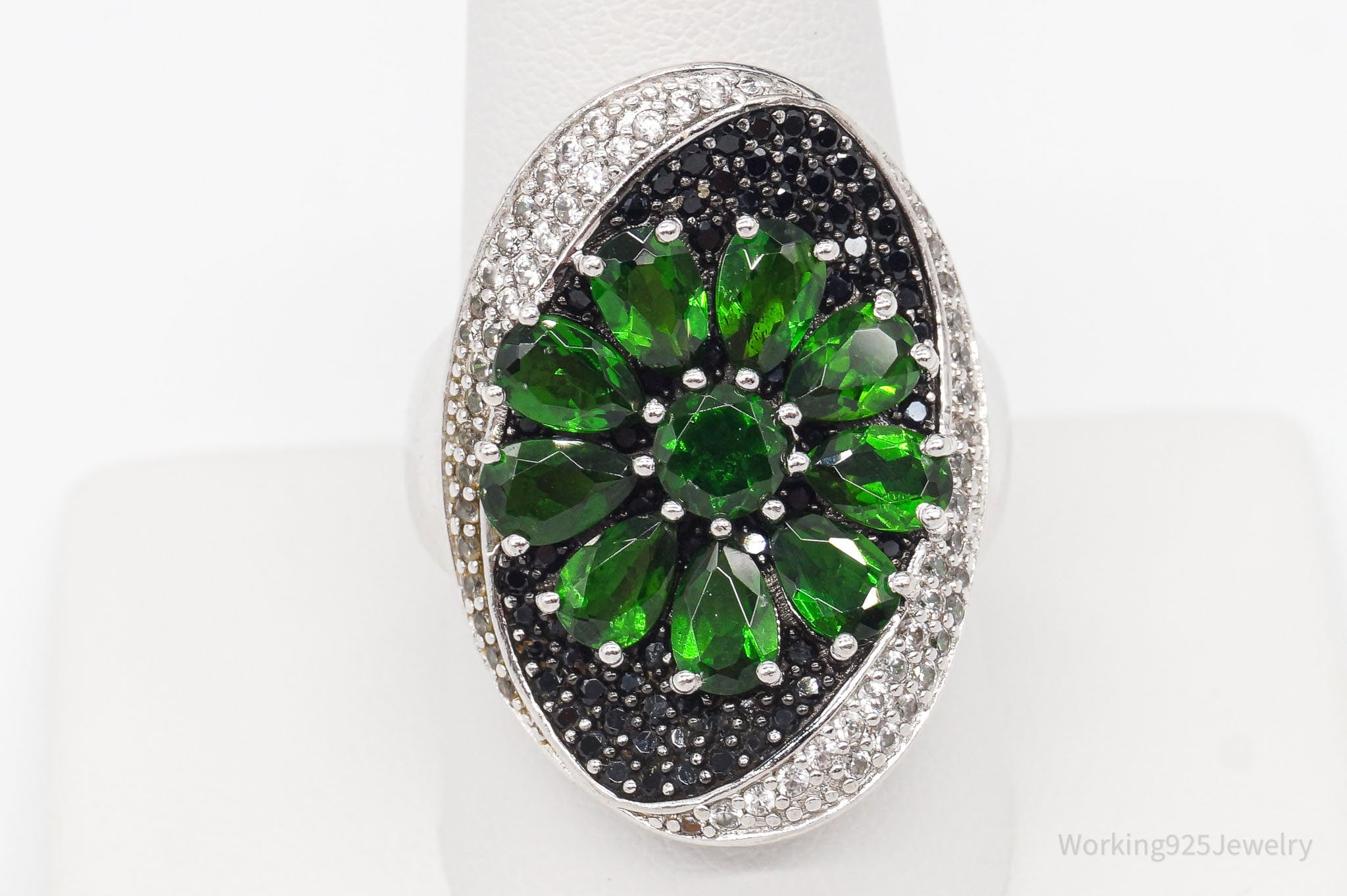 Green Chrome Diopside Black Spinel White Topaz Sterling Silver Ring SZ 10