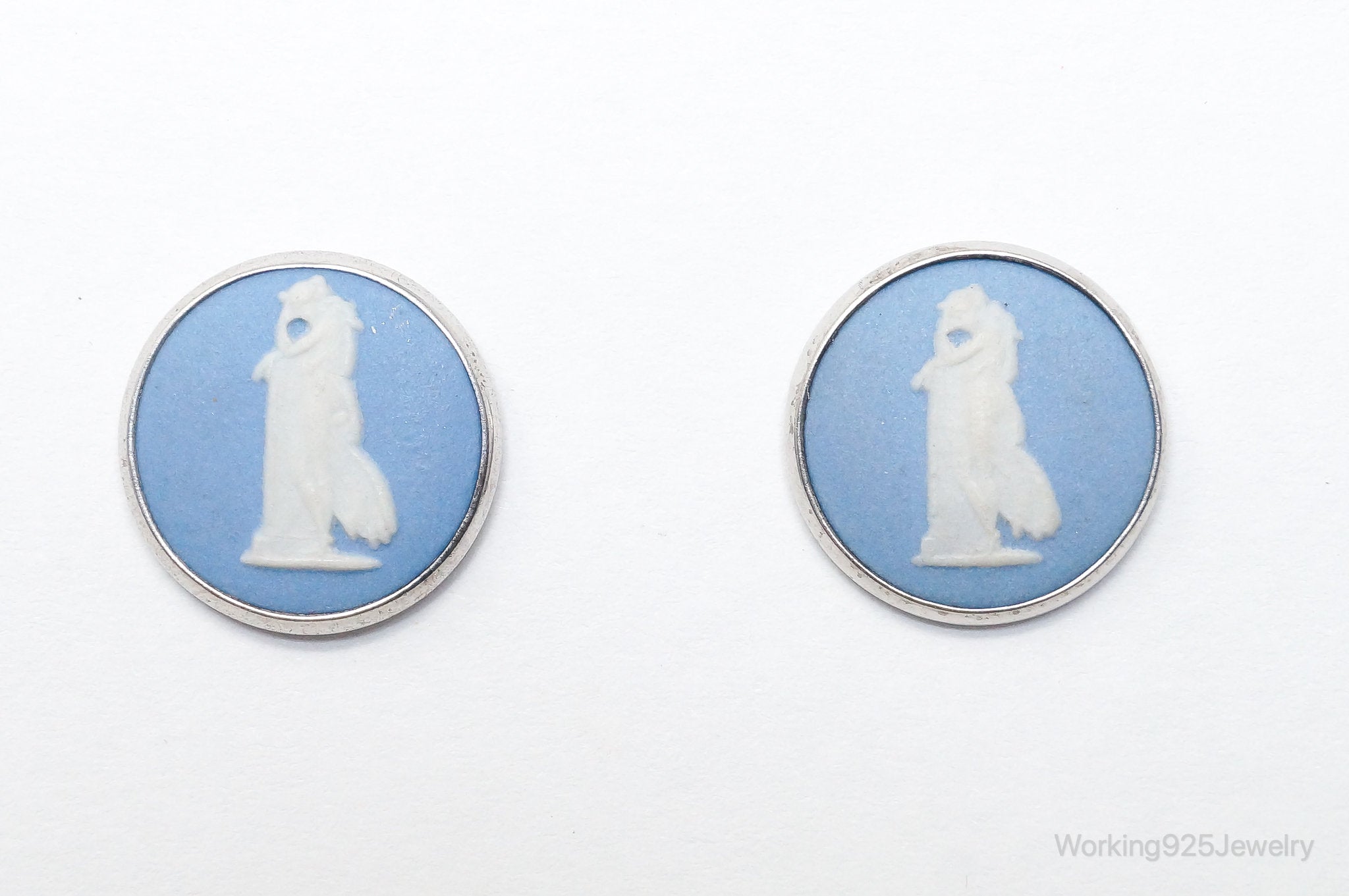 Vintage Designer Wedgewood Blue Jasperware Cameo FAW Silver Earrings