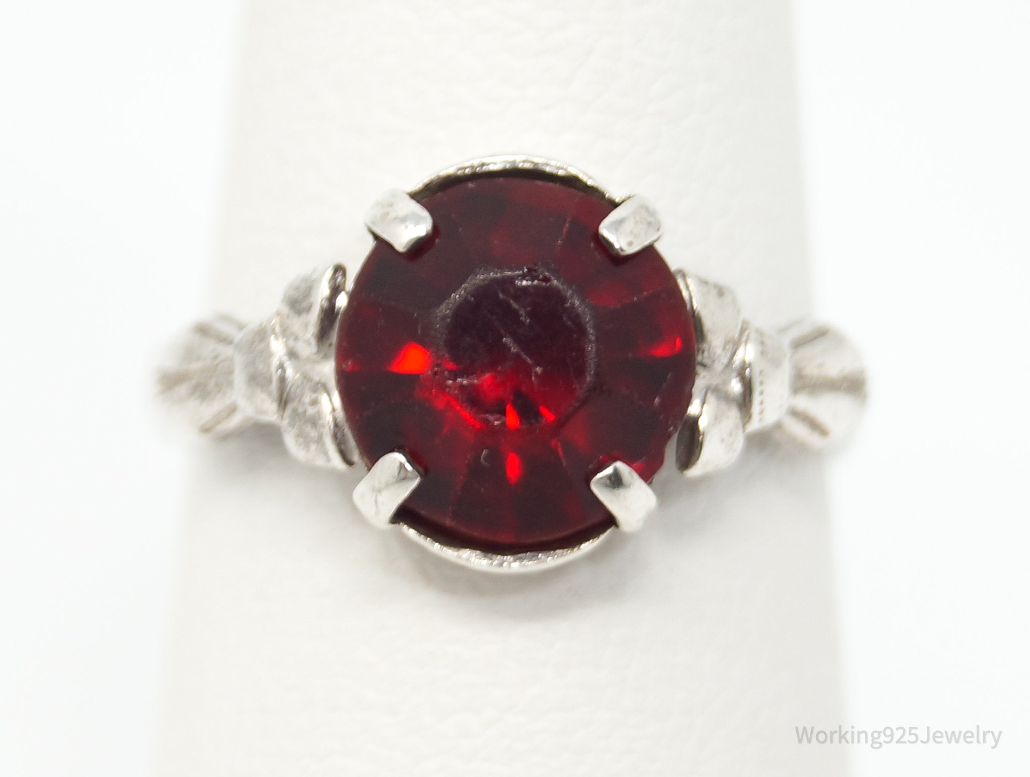 Antique Designer Clark & Coombs Deep Red Rhinestone SterlingSilver RingSize 5.25