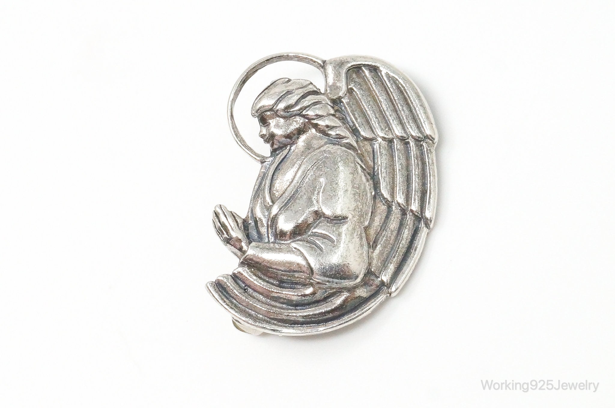 Vintage Designer Jezlaine Angel Praying Sterling Silver Brooch Pin