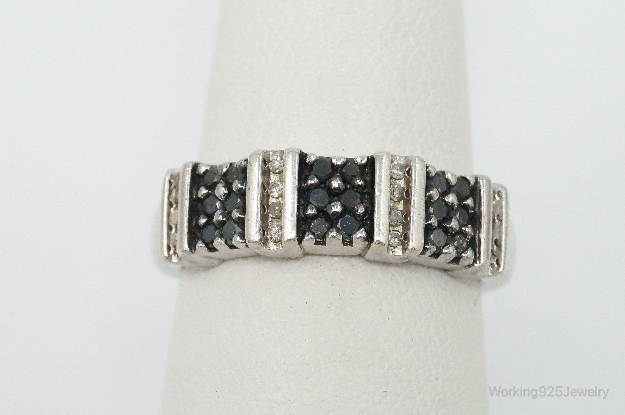 Vintage Designer Sun Black & White Diamond Sterling Silver Ring - Size 7