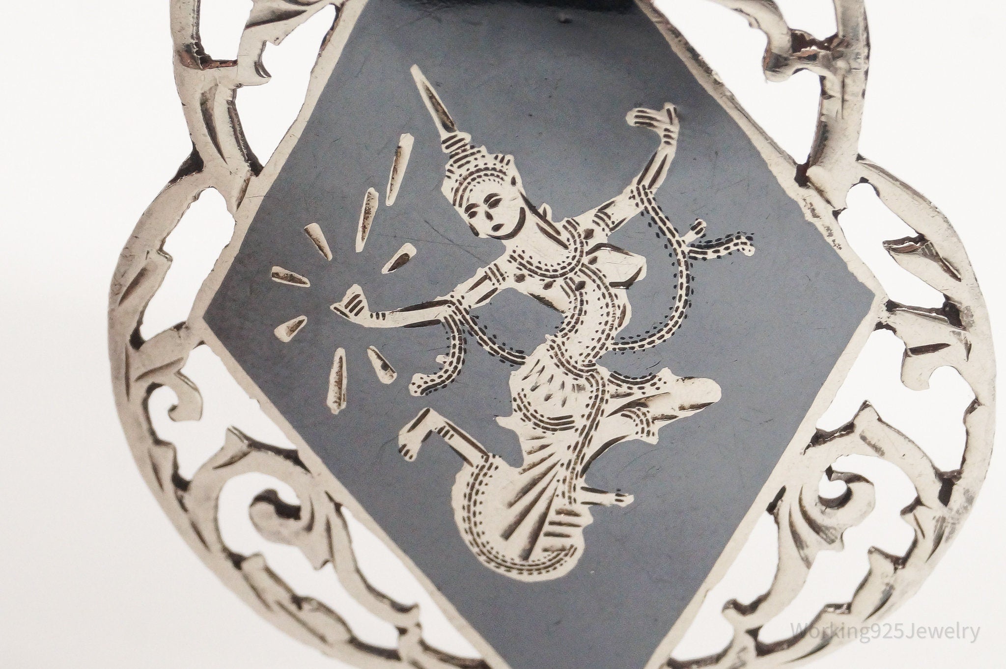 Large Vintage Siam Black Enamel Goddess Dancer Sterling Silver Pendant