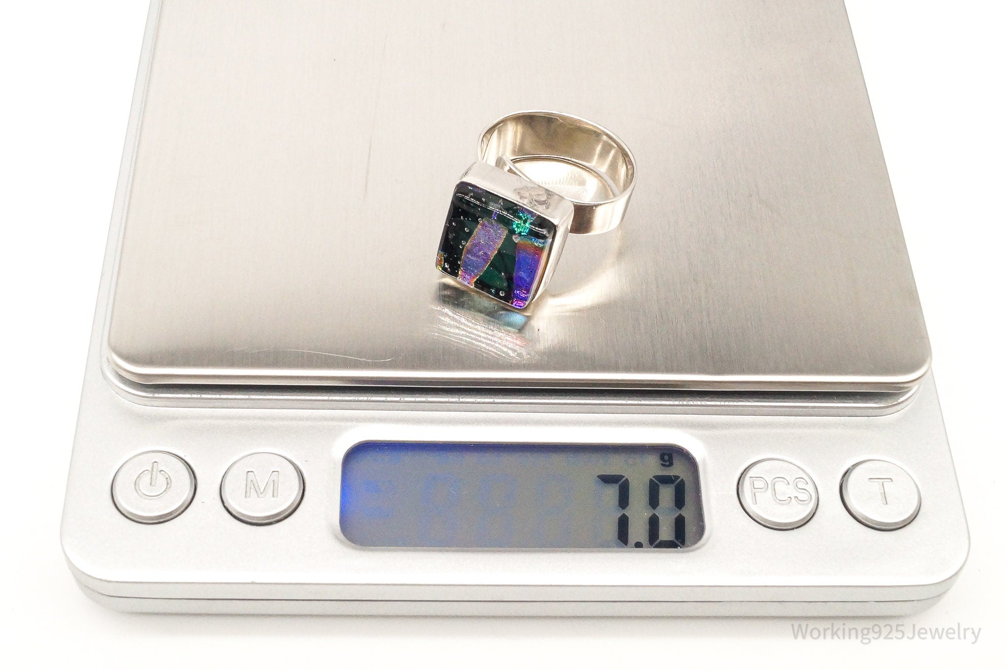 Vintage Dichroic Glass Sterling Silver Ring - Size 8.25 Adjustable