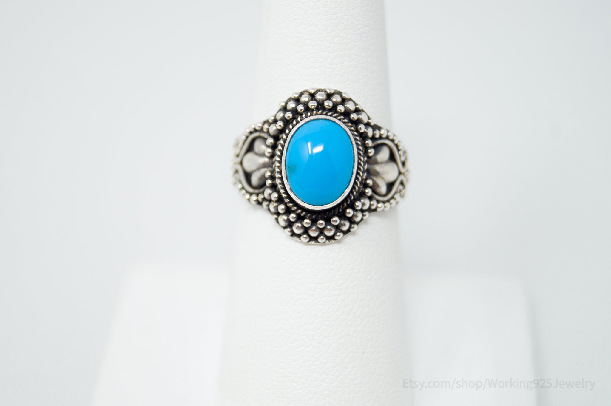 Vintage Bali Style Turquoise Filigree Sterling Silver Band Ring - Size 7.25