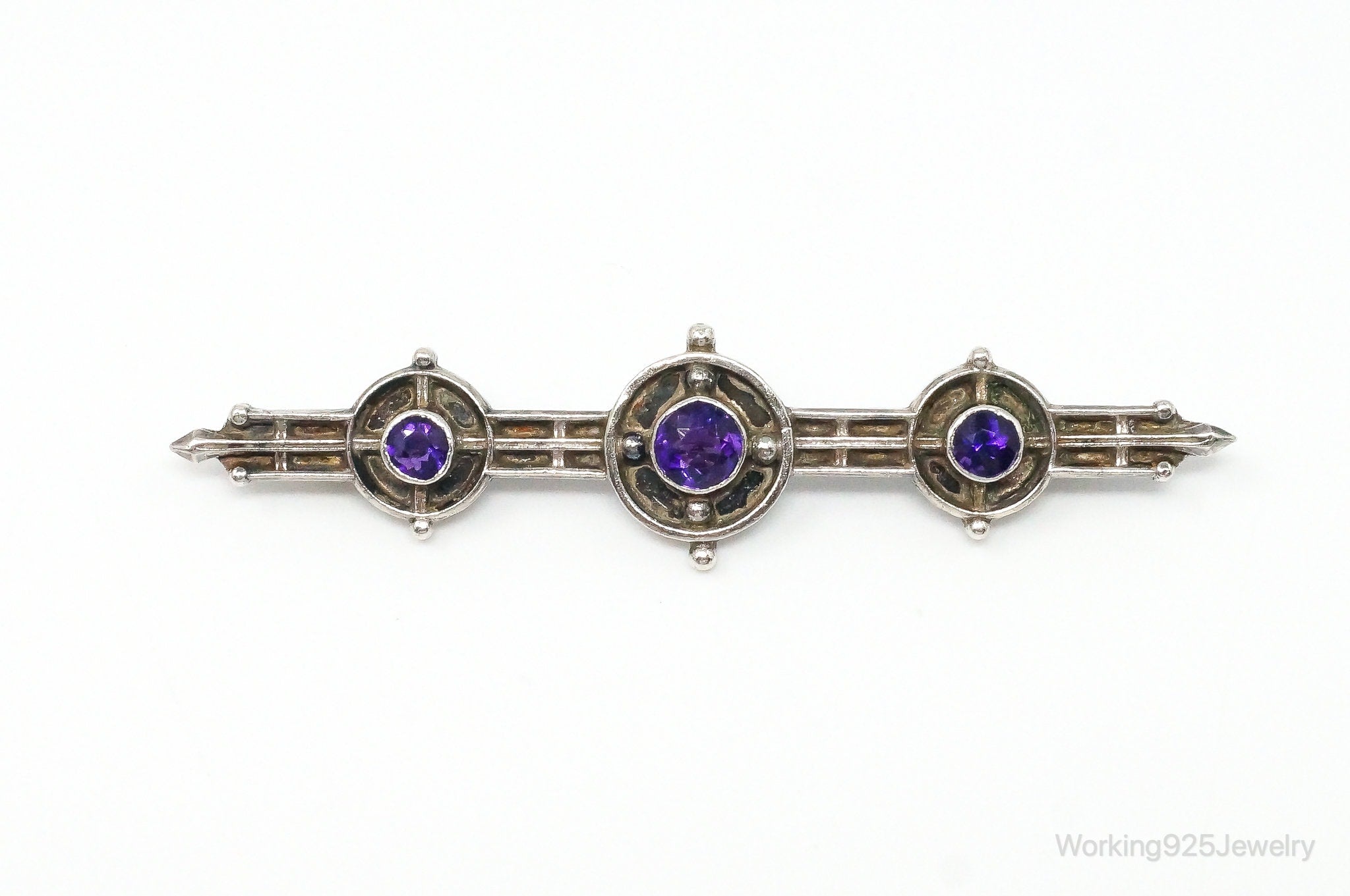 Antique Amethyst Sterling Silver Brooch Pin Bar