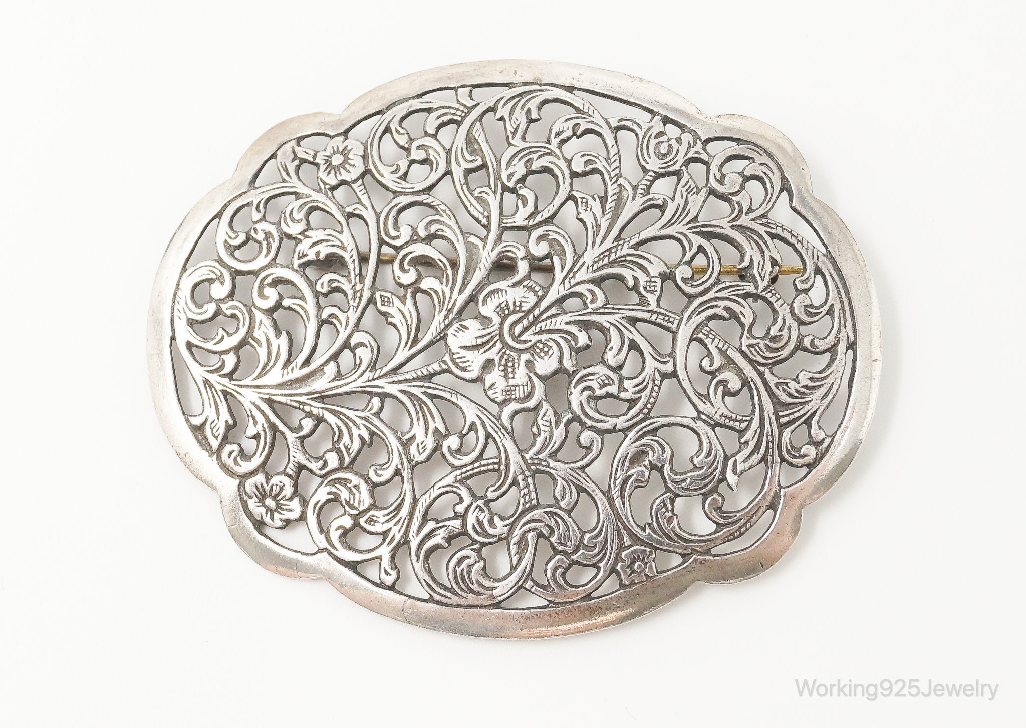 Vintage Art Nouveau Style Motif Floral Sterling Silver Brooch Pin