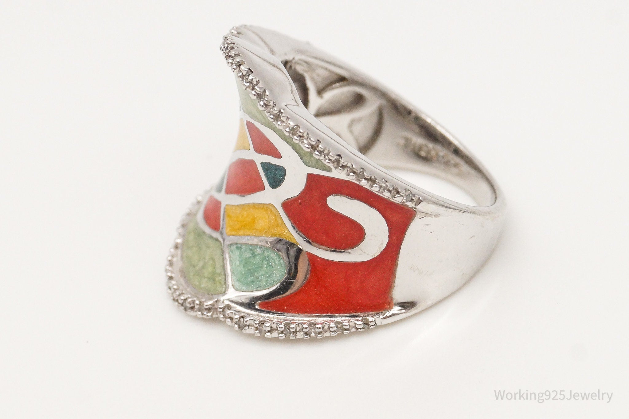 Designer JWBR Diamond Colorful Enamel Sterling Silver Ring - Size 6.75