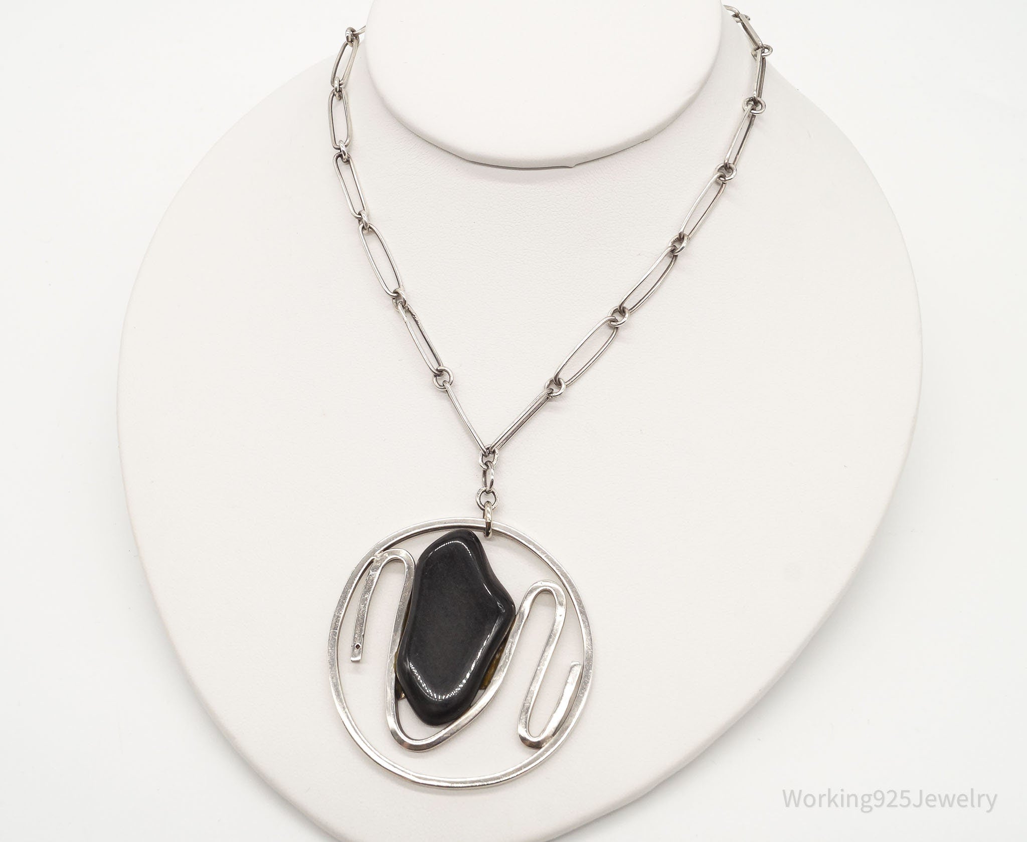 Vintage Black Onyx Modernist Silver Chain Necklace