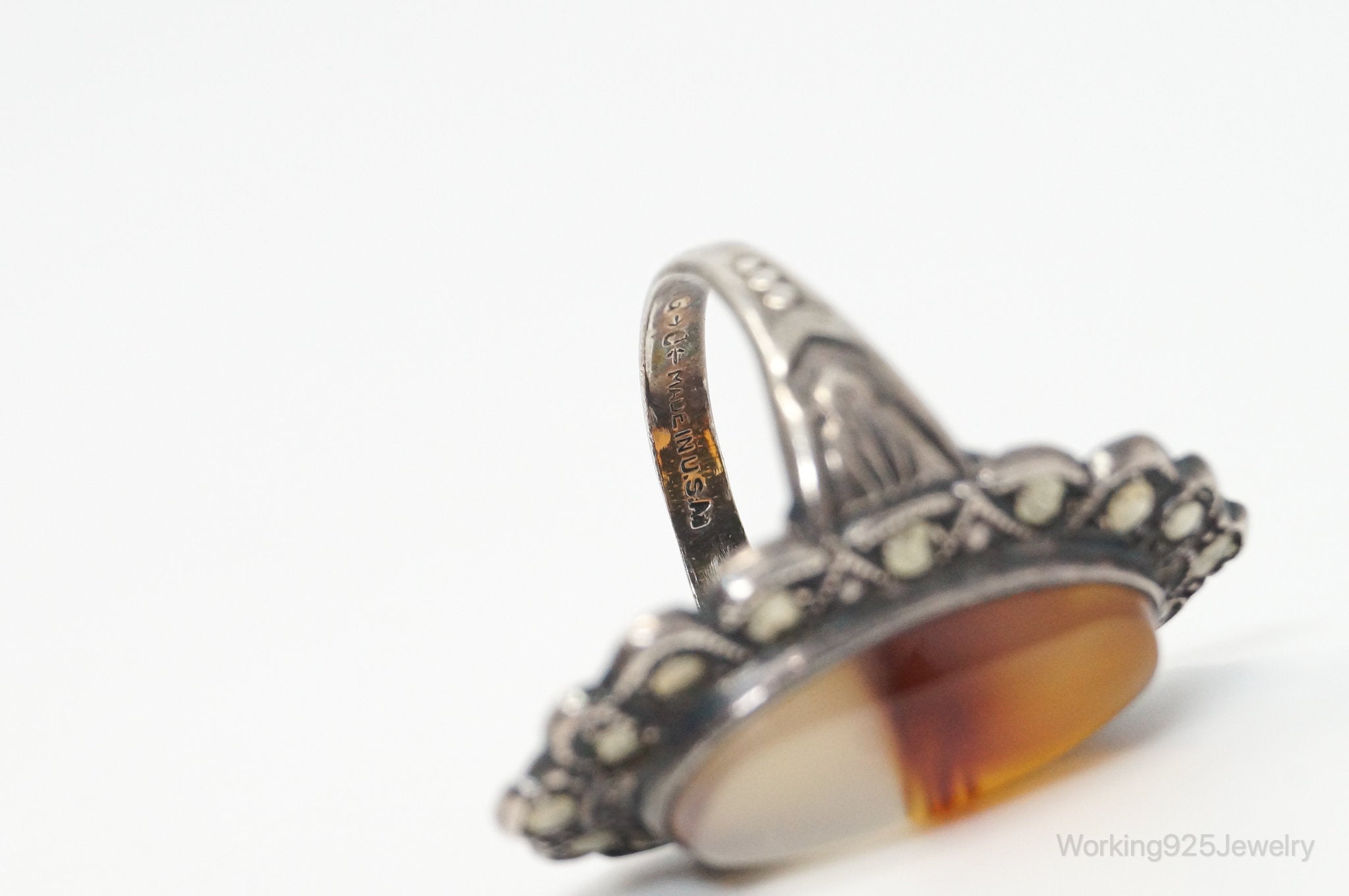 Antique Designer Uncas MFG CO Moss Agate Marcasite Sterling Silver Ring SZ 5.25