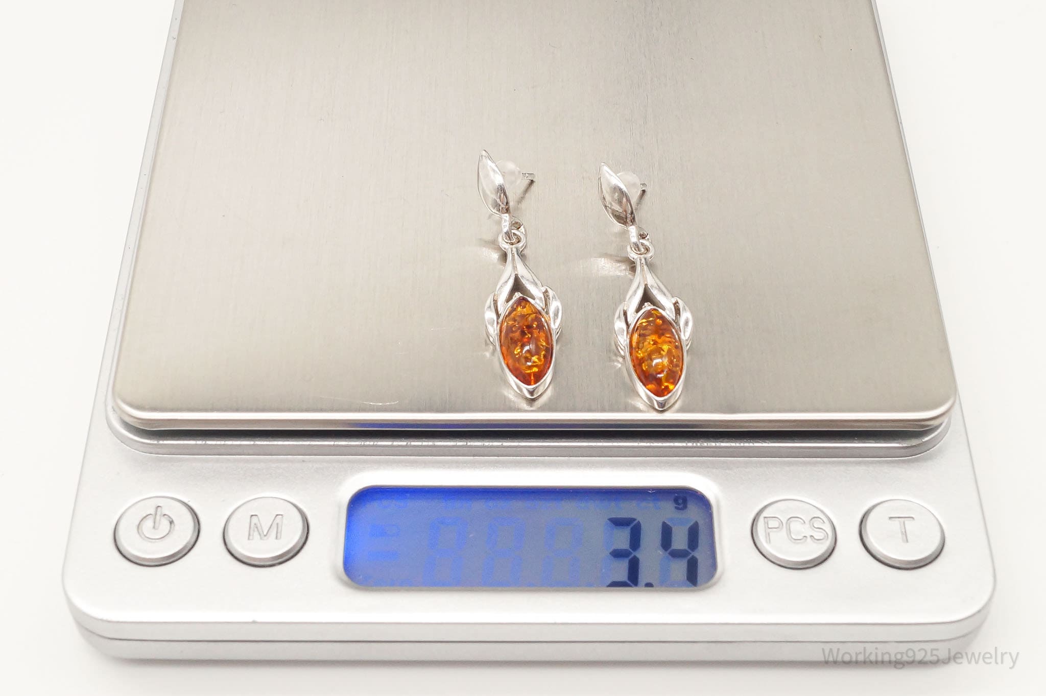 Vintage Amber Modernist Sterling Silver Earrings