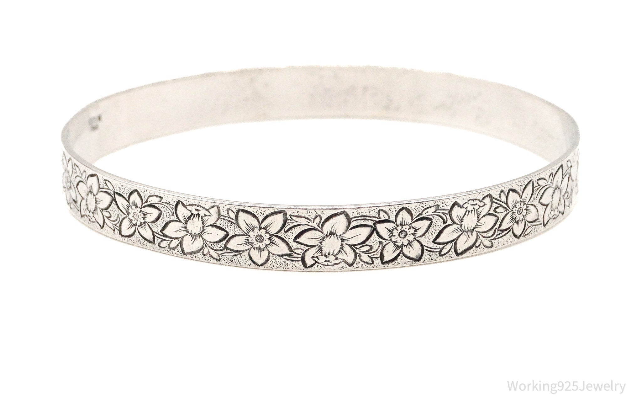 Antique Flowers Motif Sterling Silver Bangle Bracelet