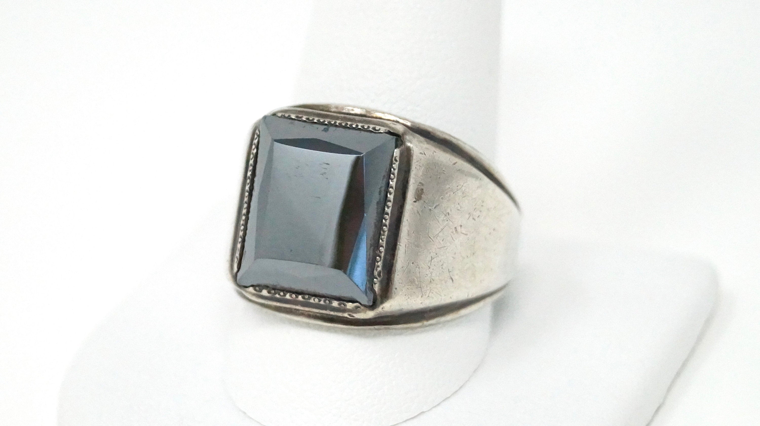 Vintage Designer Signed Hematite Sterling Silver Ring - Size 12