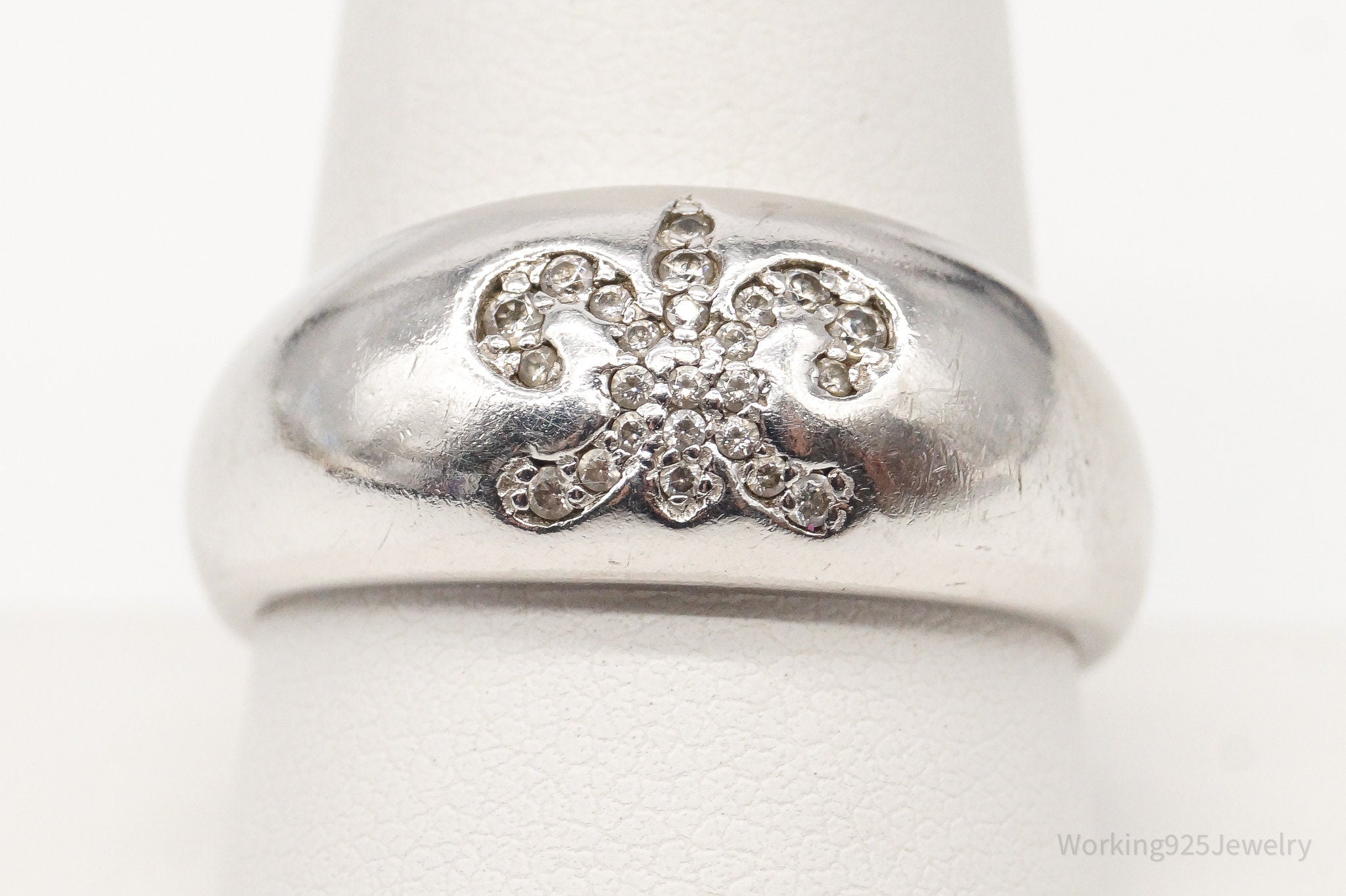 Vintage Fleur De Lis Cubic Zirconia Platinum Clad Sterling Silver Ring-Size 9.75