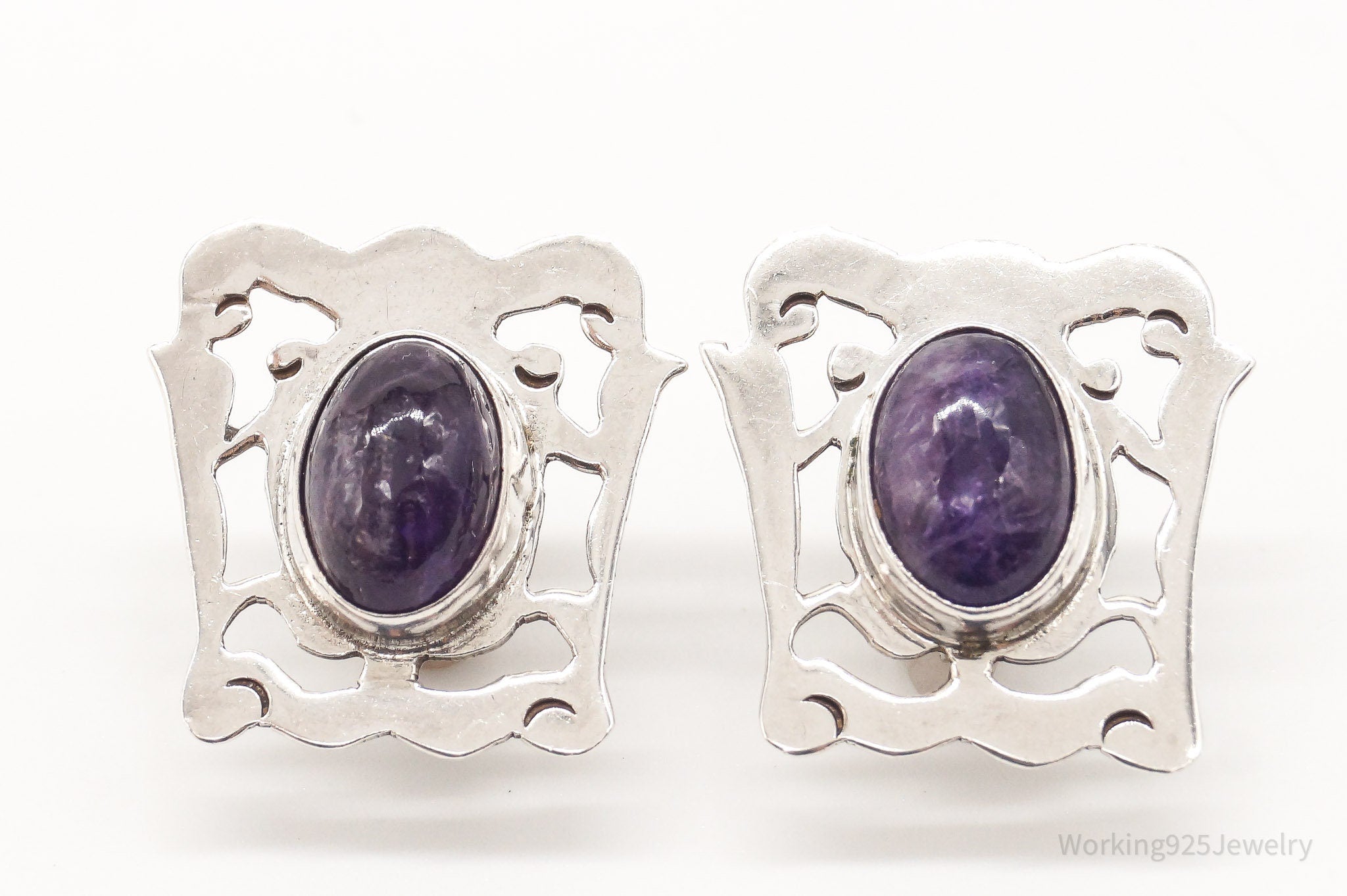 RARE Vintage Plateria Farfan Mexico Amethyst Sterling Silver Screw Back Earrings