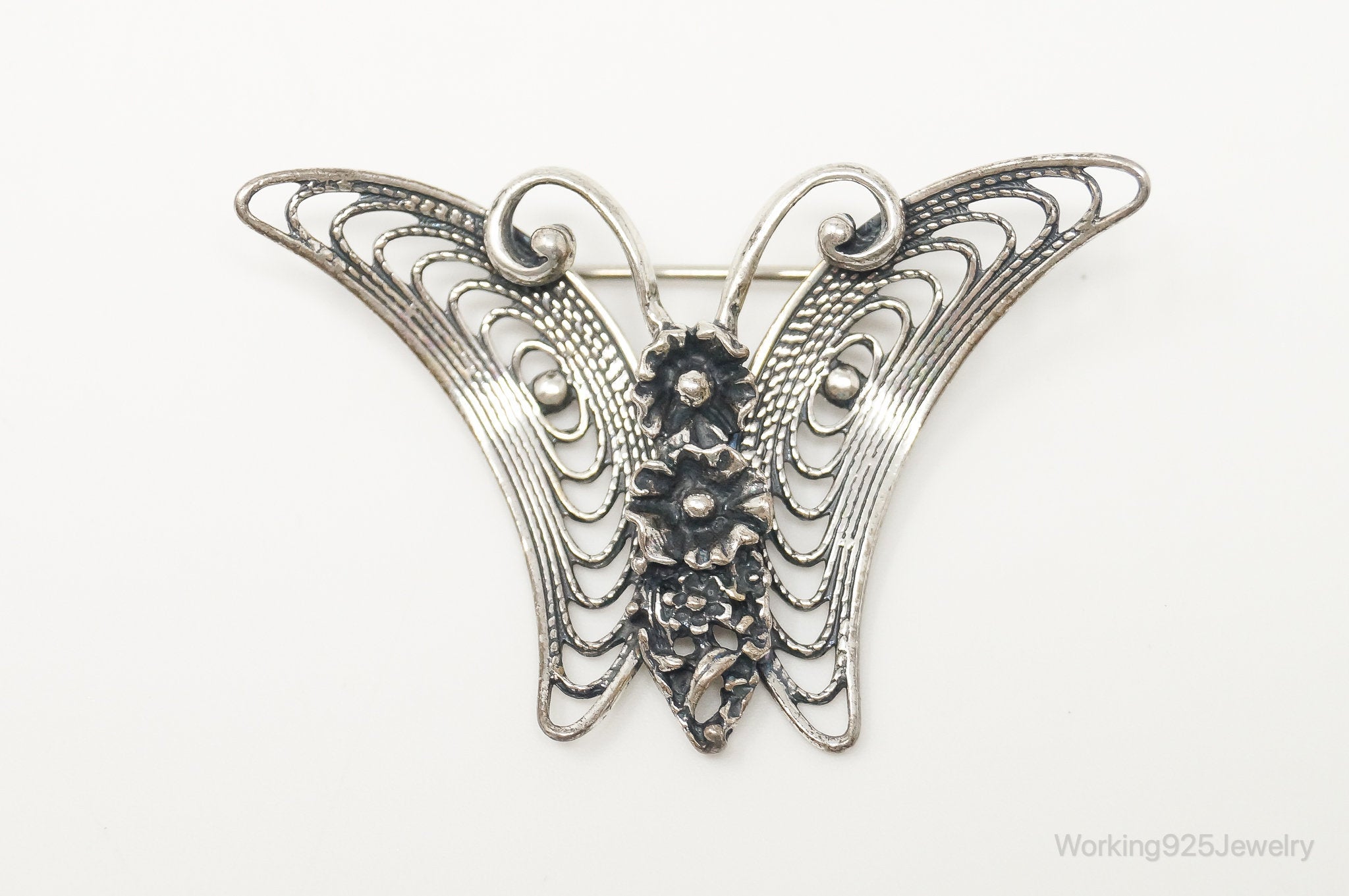 Vintage Designer Beau Filigree Butterfly Modern Sterling Silver Brooch Pin