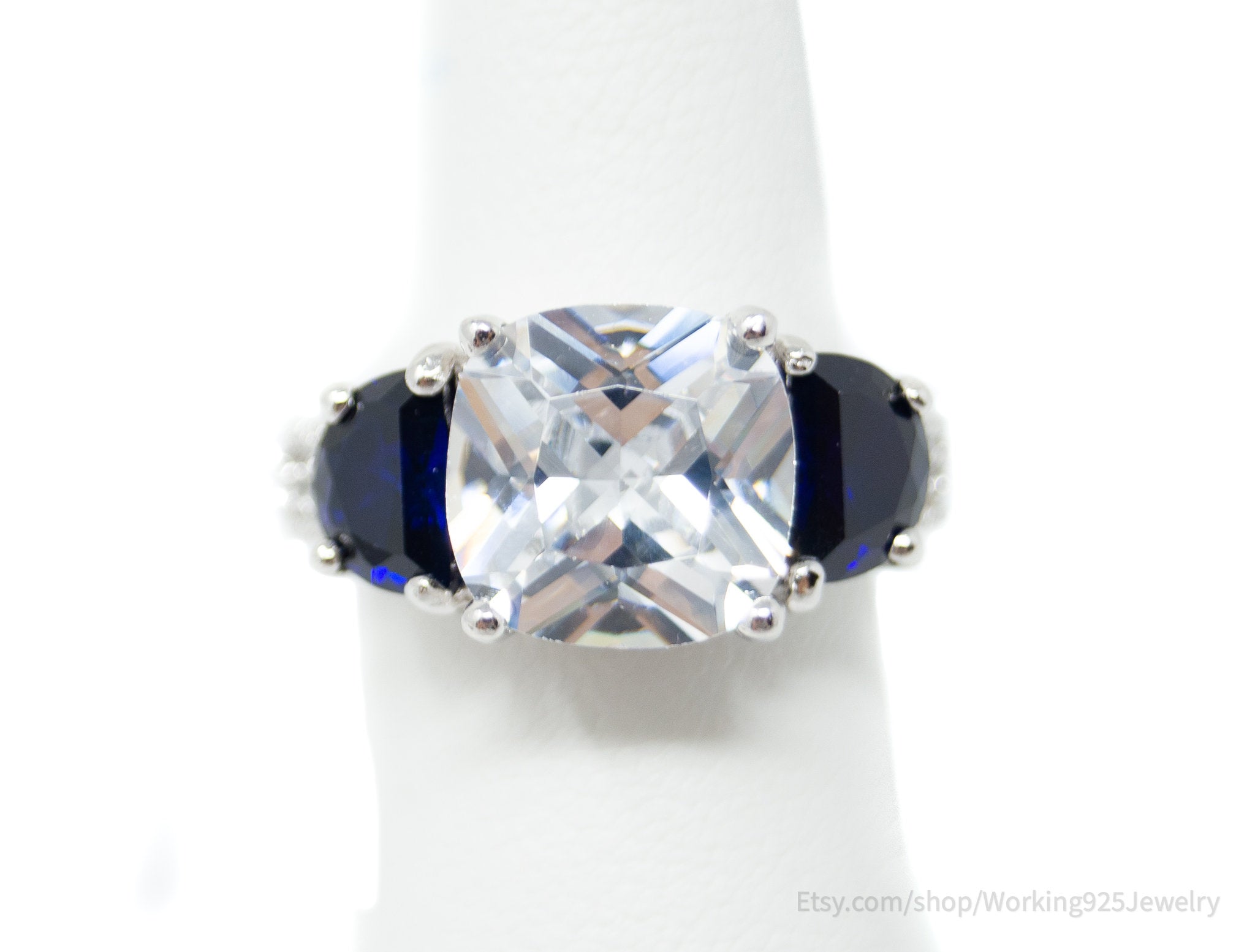 Vintage Designer CJW Art Deco CZ Sapphire Accented Sterling Ring - Size 5