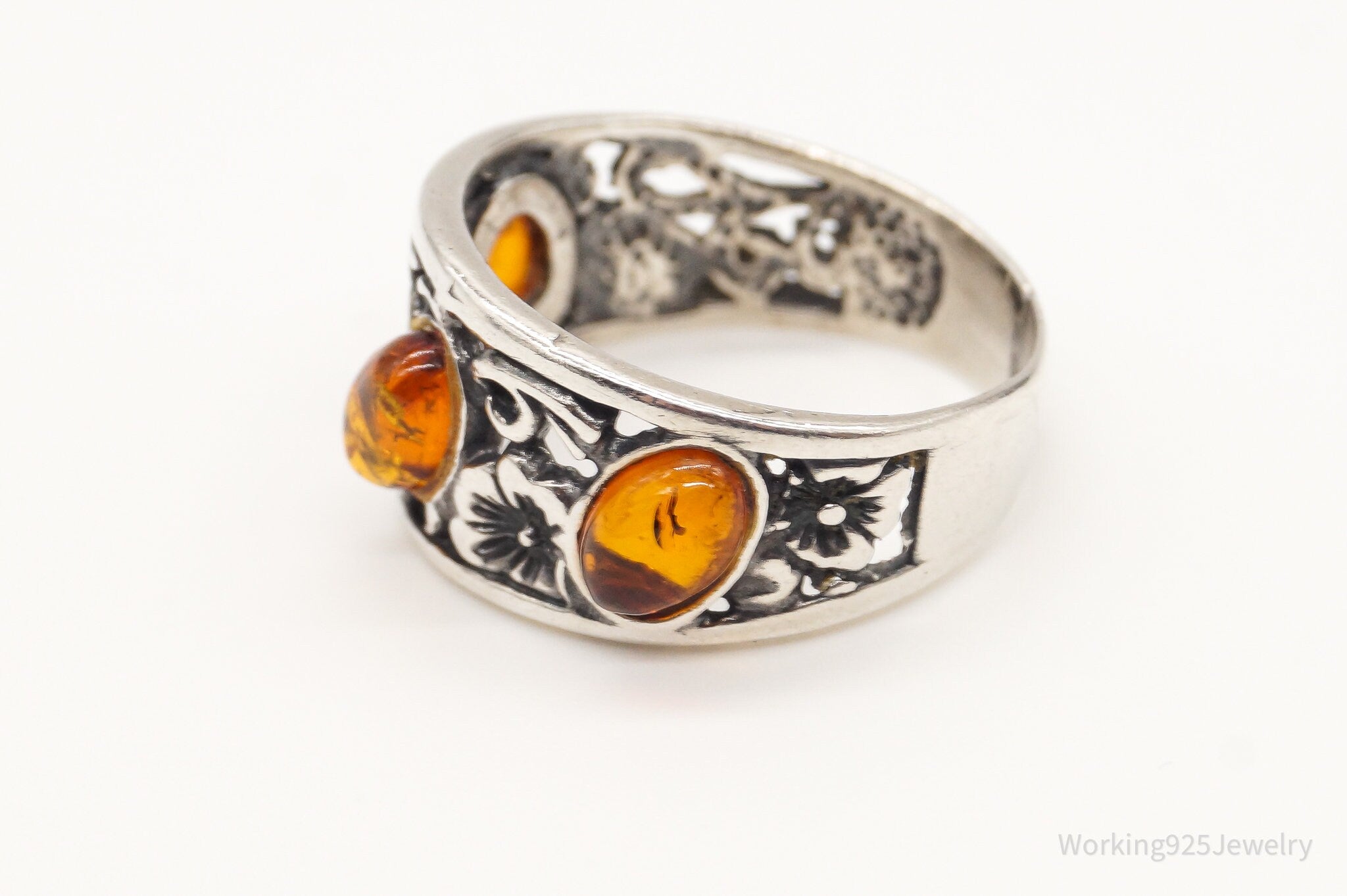 Vintage Baltic Amber Flowers Vines Sterling Silver Ring - Size 6.25