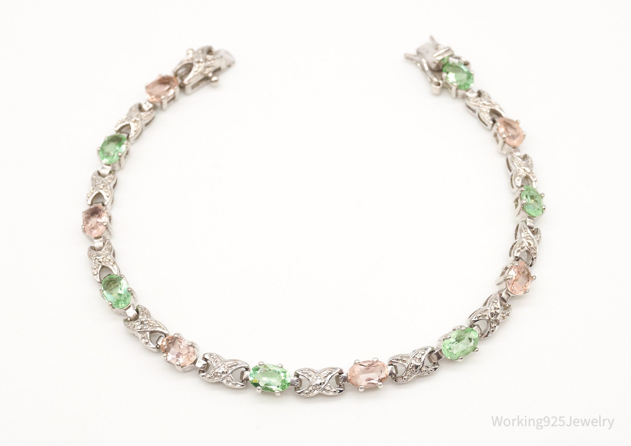 Designer Ross Simons 2 Diamond Peach & Green Stone Sterling Silver Bracelet