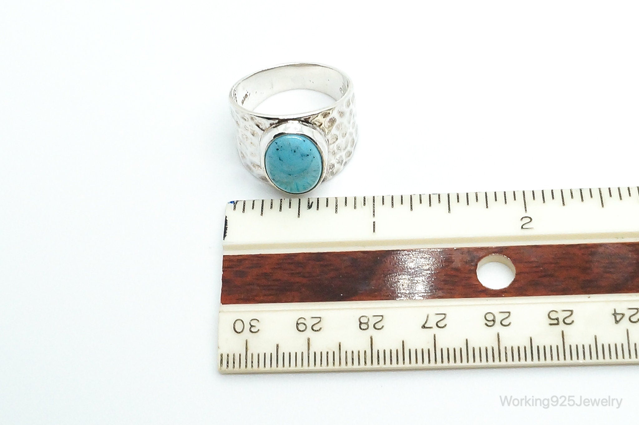 Large Turquoise Hammered Style Sterling Silver Ring - Size 9.75