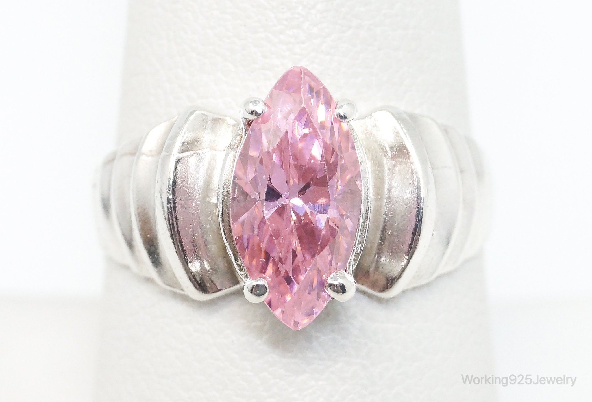 Vintage Art Deco Style Pink Cubic Zirconia Ring Sterling Silver - Size 8.25