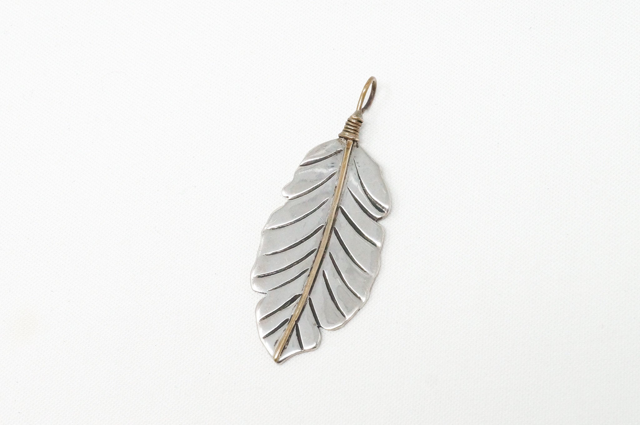 Native American Tobias Brass Feather Handmade Sterling Silver Necklace Pendant