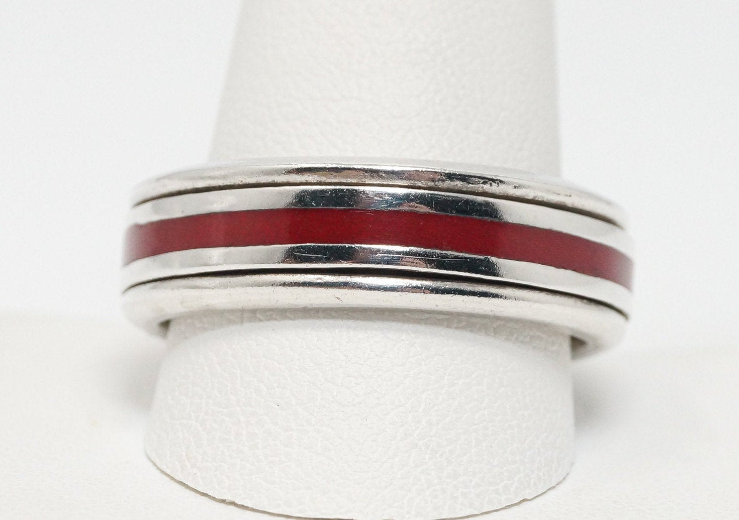 Vintage Red Enamel Modern Sterling Silver Band Spinner Ring - Sz 13.5