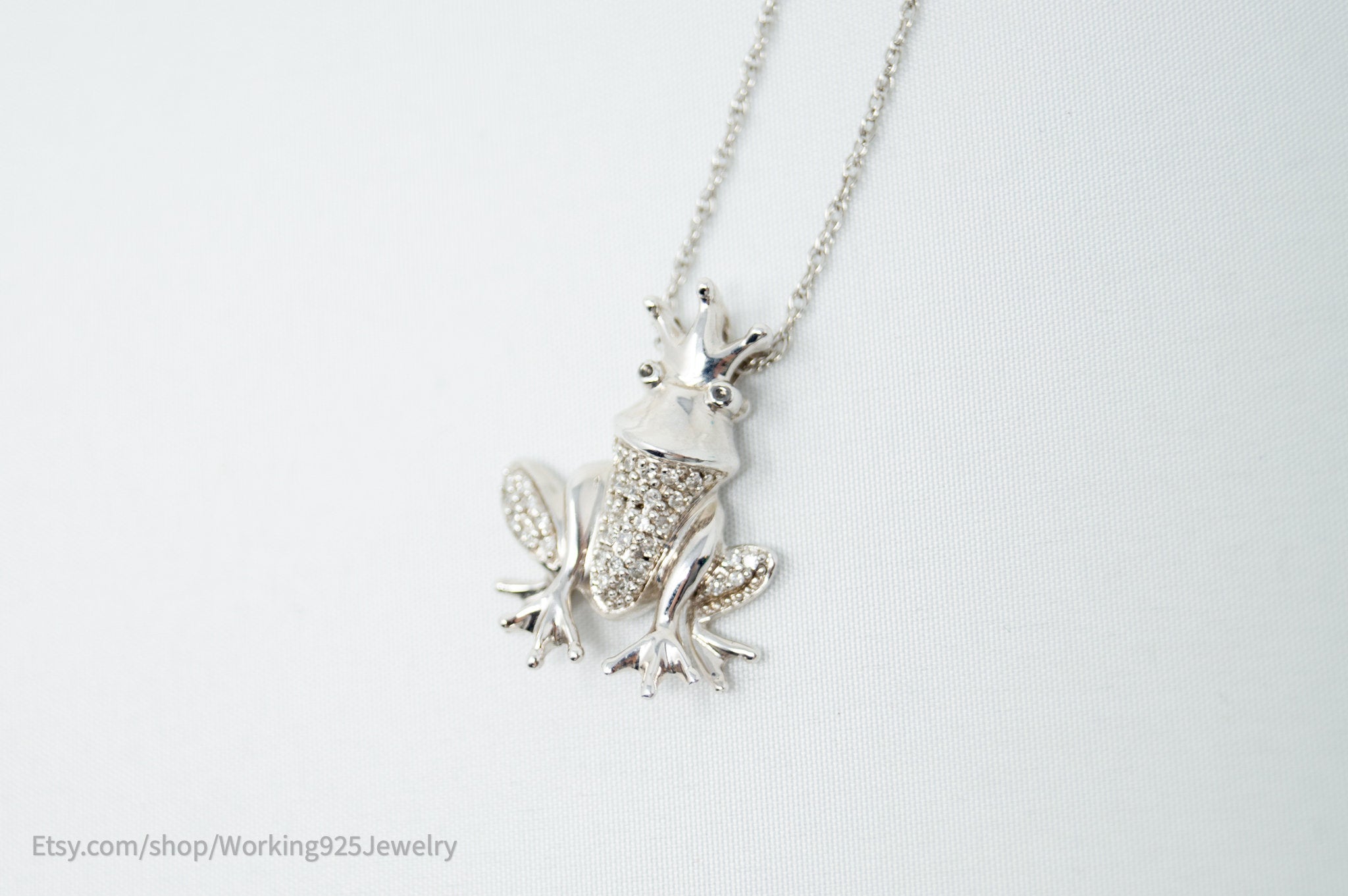 Vintage Diamond King Frog Toad Sterling Silver Necklace