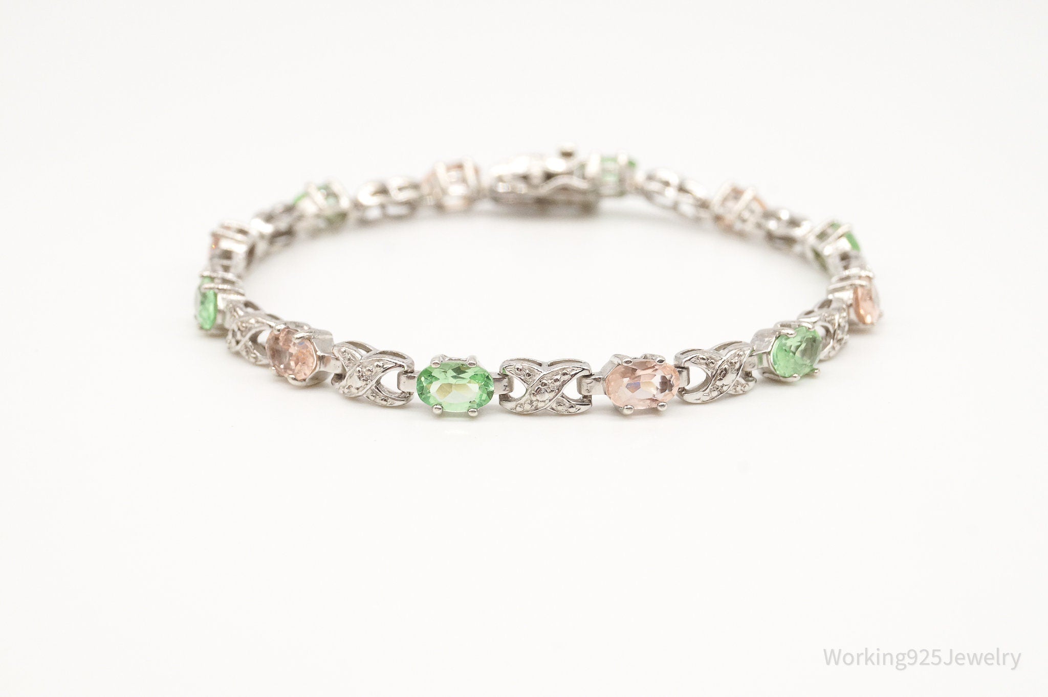 Designer Ross Simons 2 Diamond Peach & Green Stone Sterling Silver Bracelet