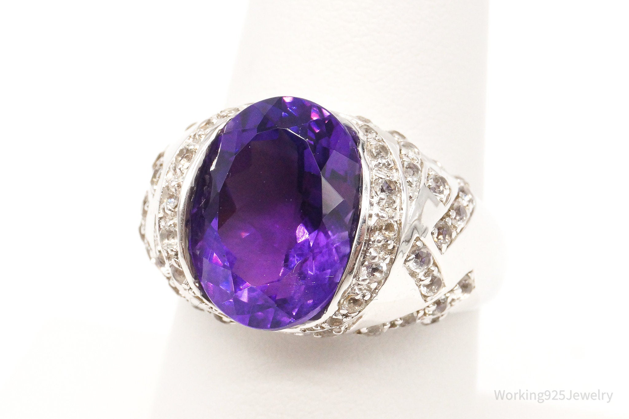 Vintage Large Amethyst Cubic Zirconia Sterling Silver Ring Size 7