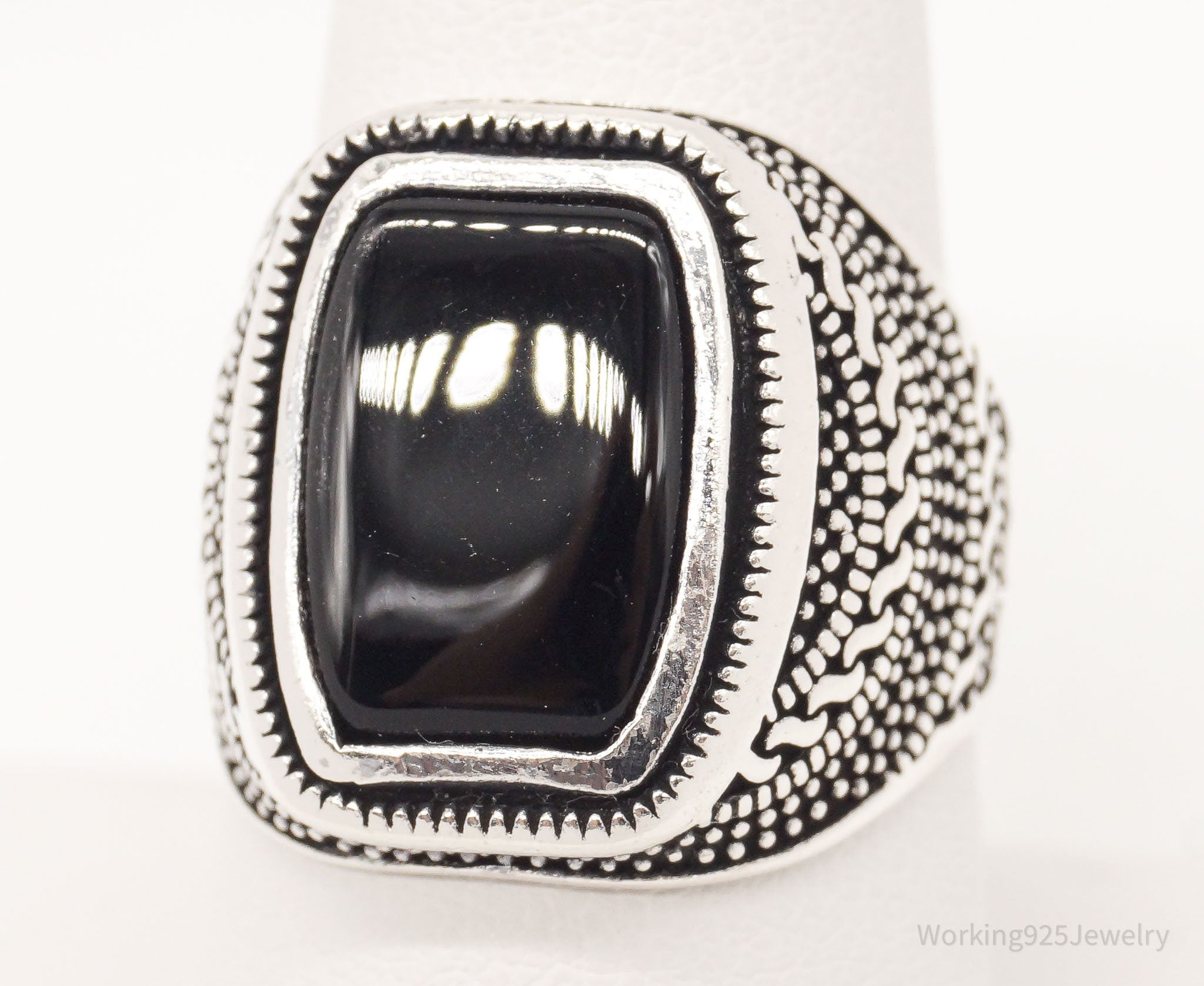 Vintage Bali Style Black Onyx Sterling Silver Ring - Size 8.25