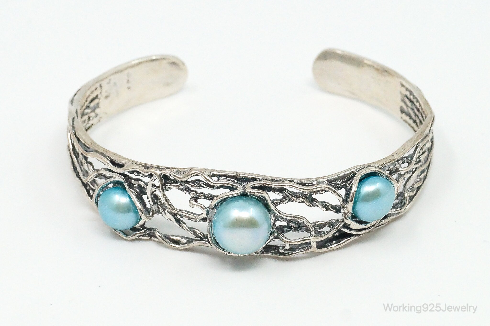 Vintage Designer Didae Blue Pearl Sterling Silver Cuff Bracelet