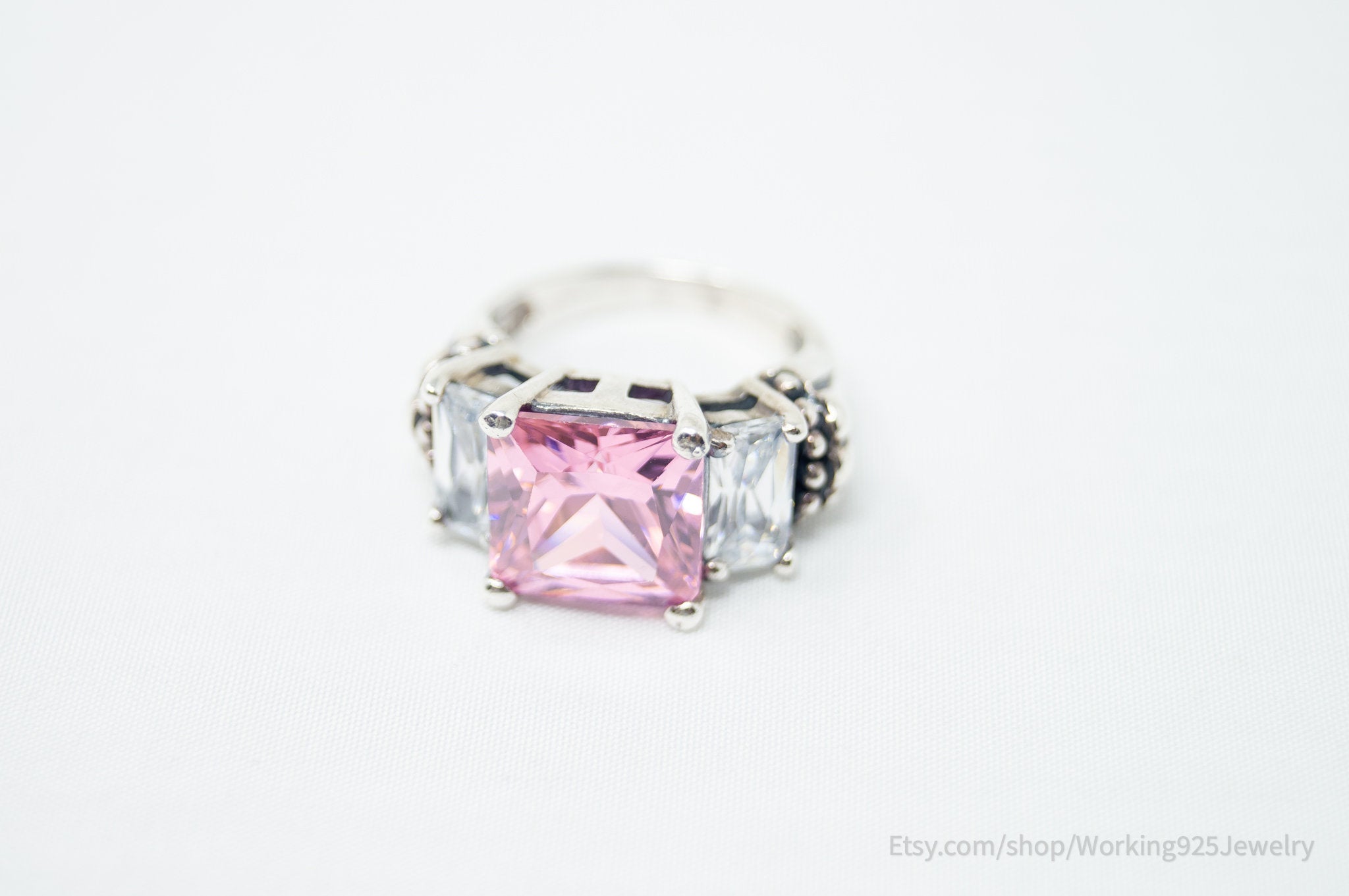 Vintage Art Deco Style Pink Topaz Cz Statement Ring Sterling Silver - Size 5