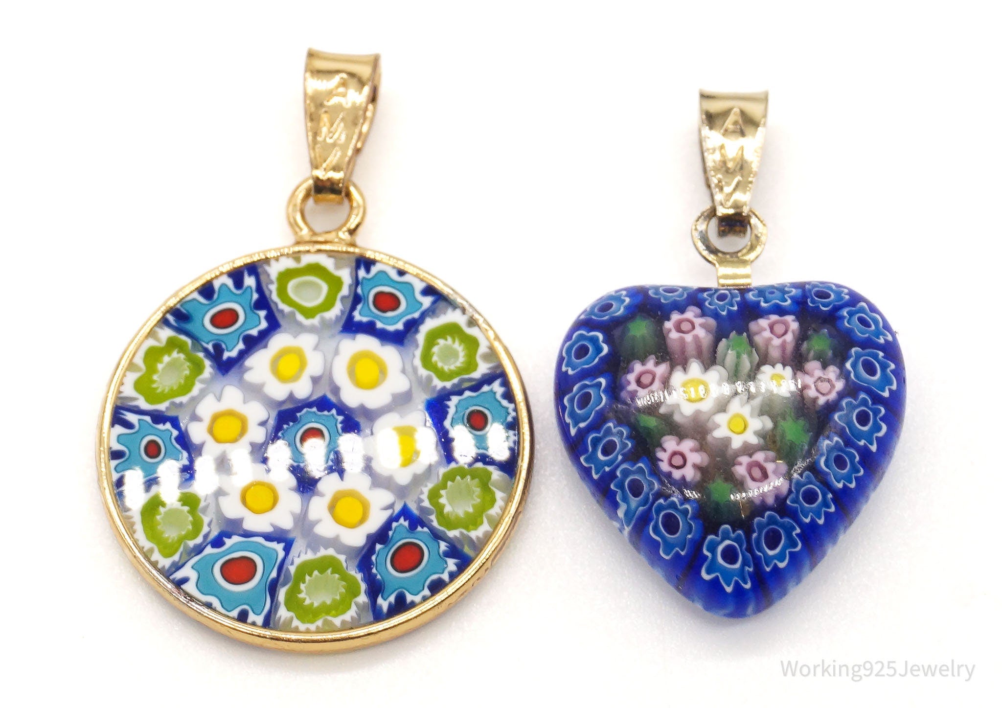 Vintage Glass Murano Millefiori Flowers Sterling Silver Gold Vermeil Pendant Set