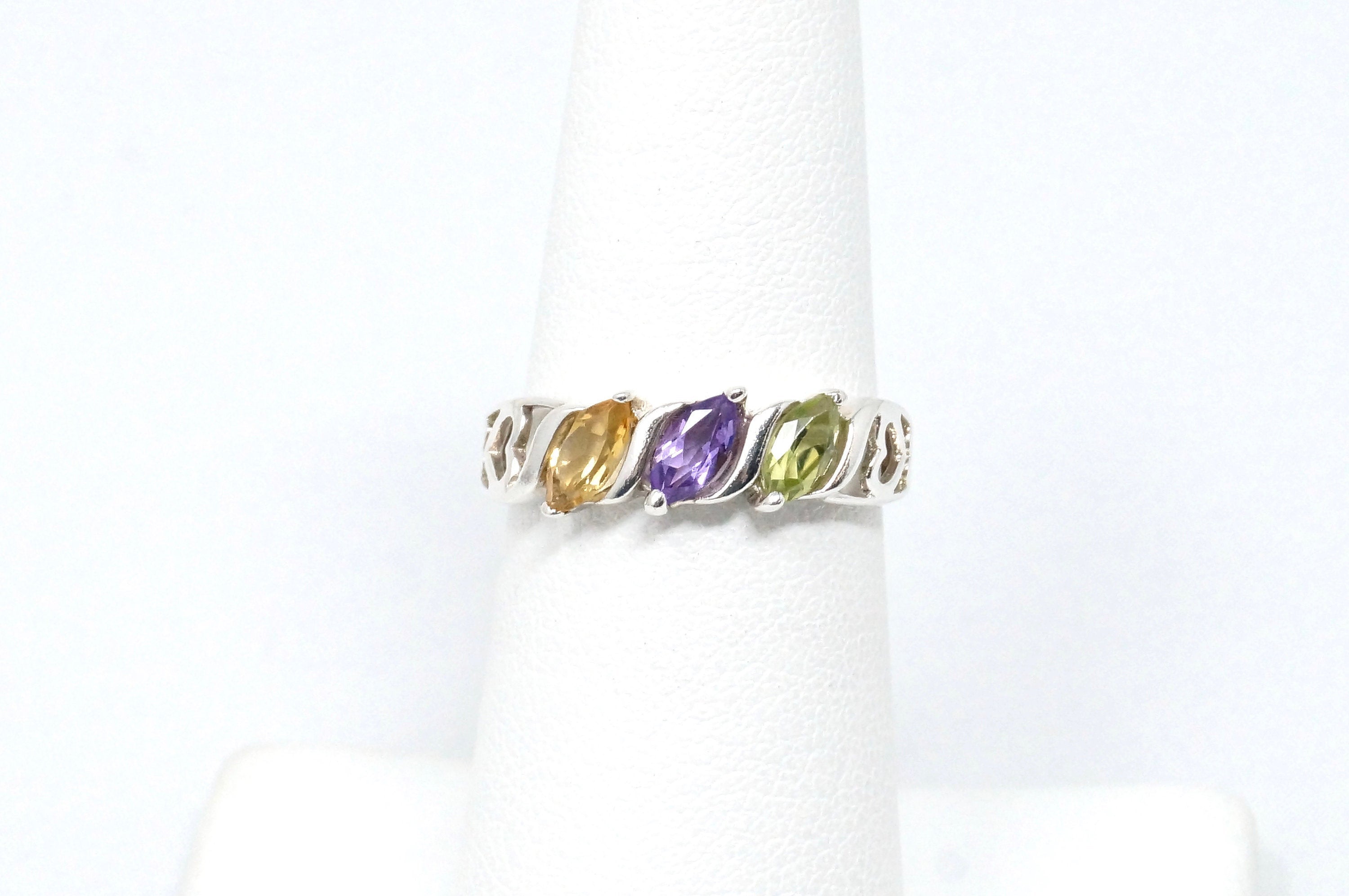 Vintage Amethyst Peridot Citrine Heart Cut Out Design Sterling Silver Ring Sz 6