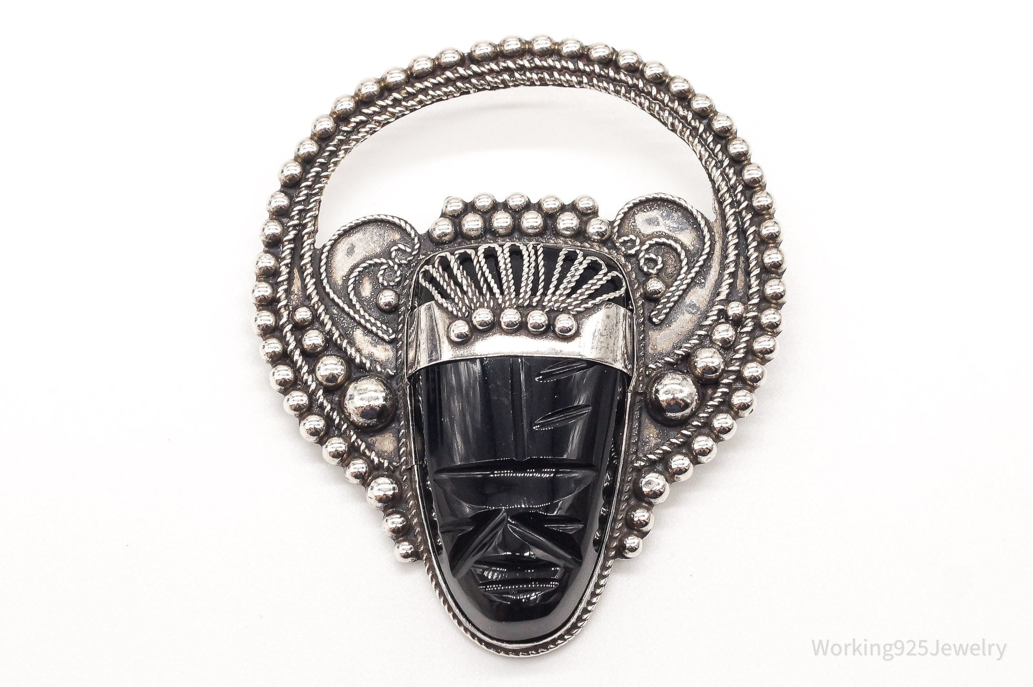 Large Vintage Mexico Carved Black Onyx Tribal Mask Sterling Silver Brooch Pin