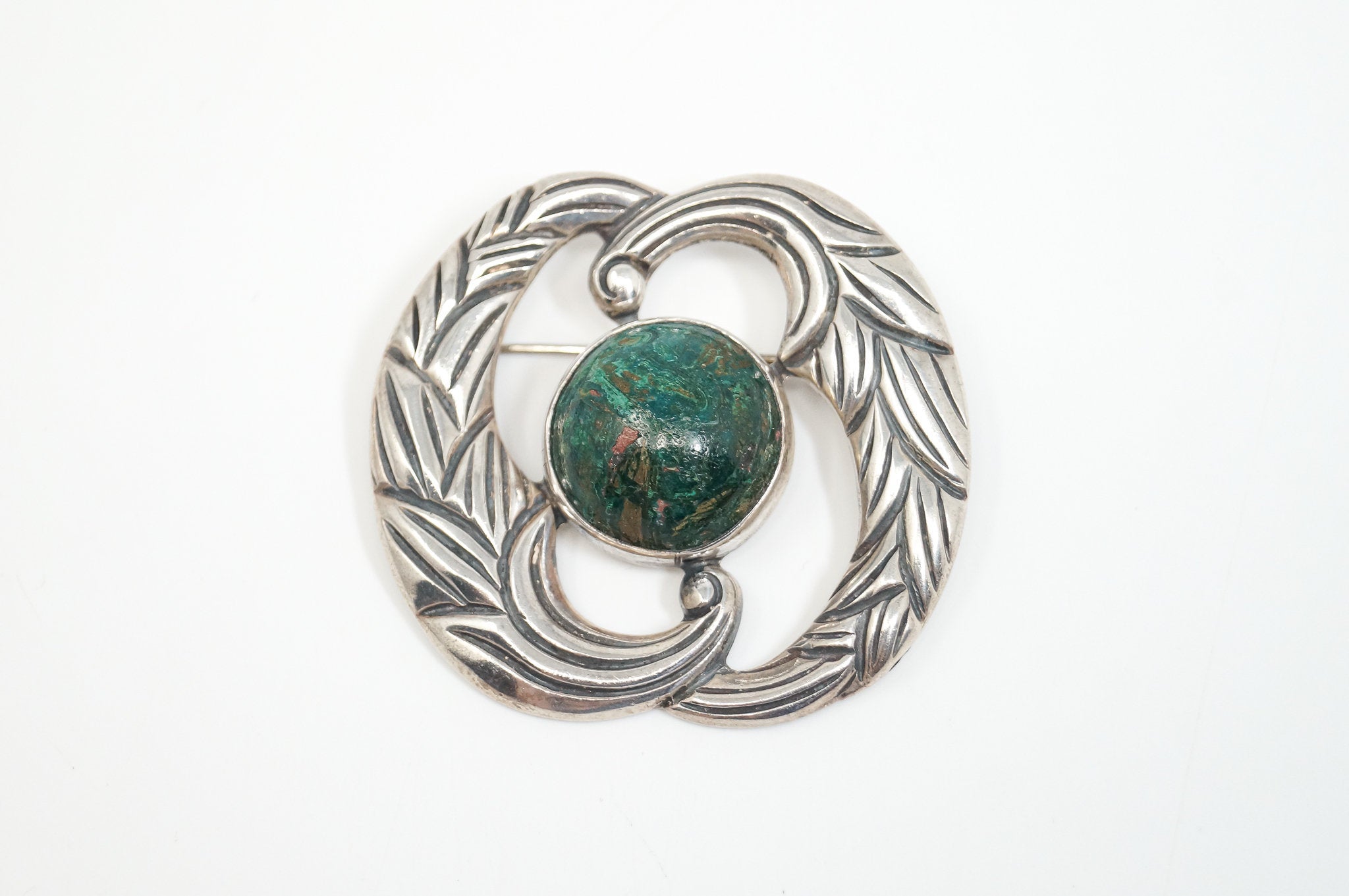 RARE Vintage Taxco LOS CASTILLO Green Stone Sterling Silver Modernist Brooch Pin