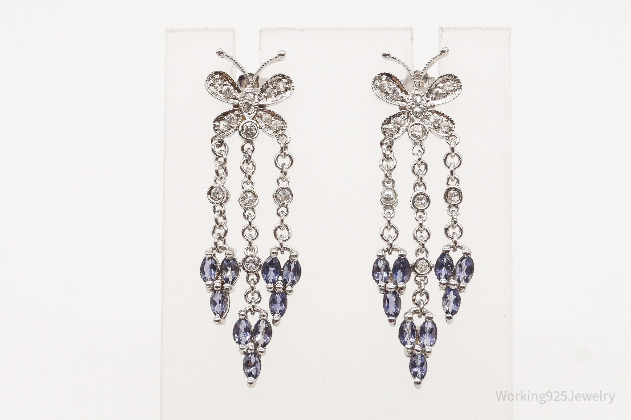 Vintage Iolite Cubic Zirconia Butterfly Sterling Silver Earrings