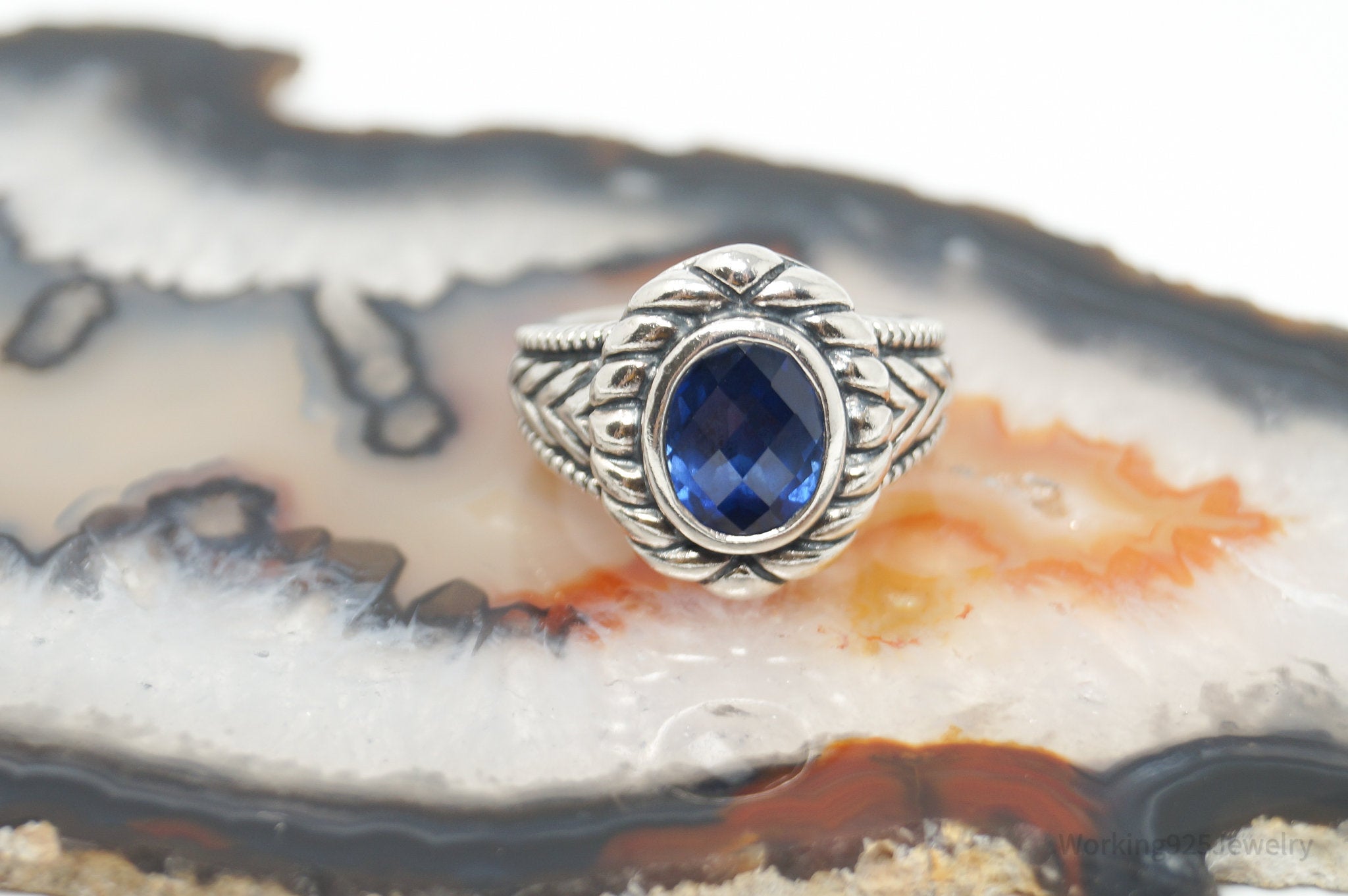 Vintage Art Deco Style Blue Lab Sapphire Sterling Silver Ring - Size 6.75