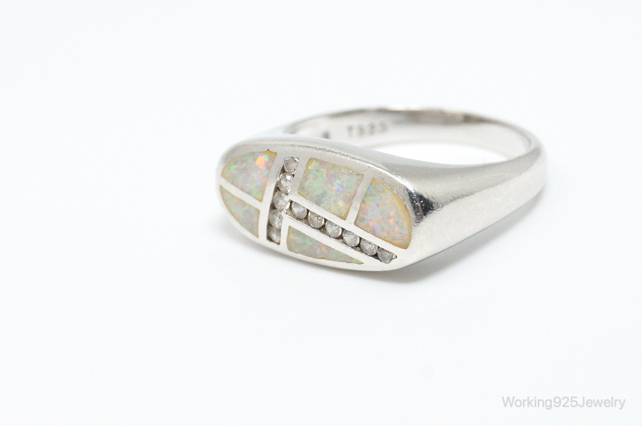 Vintage Art Deco Style Opal CZ Accented Sterling Silver Ring - Size 9.75