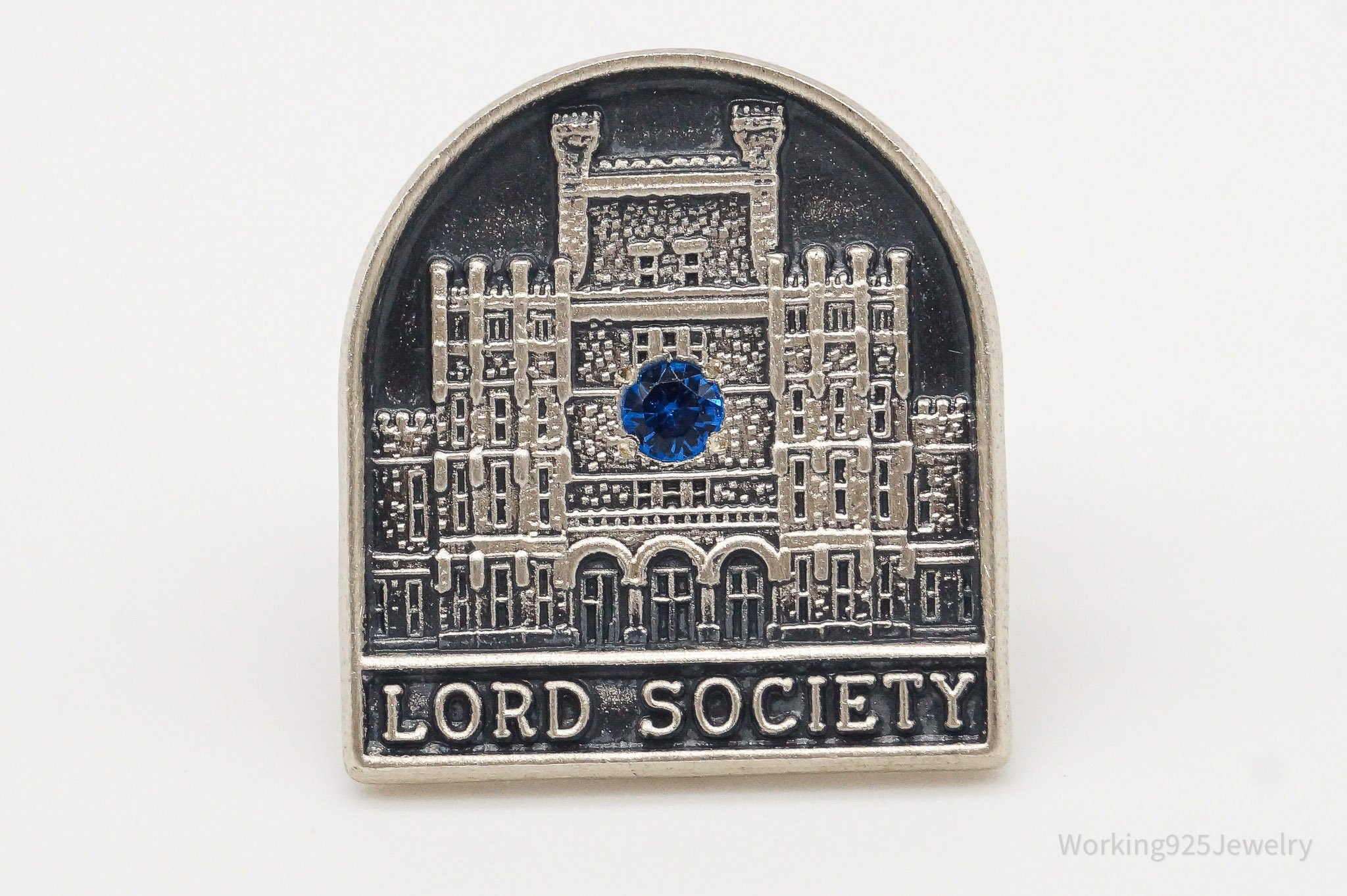 RARE Vintage " Lord Society " Blue Stone Sterling Silver Lapel Brooch Pin