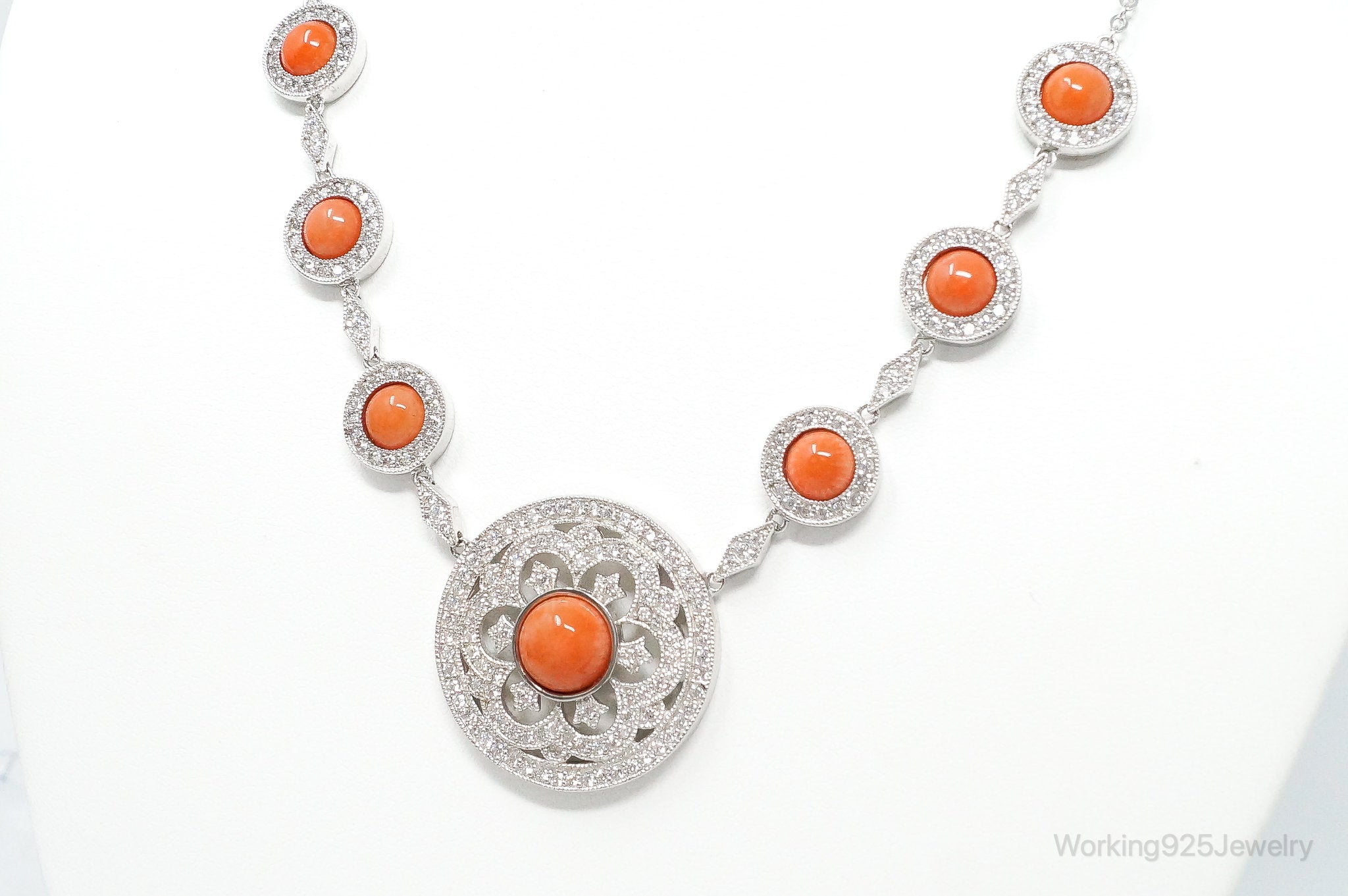 Vintage Designer Joseph Esposito Coral Cubic Zirconia Sterling Silver Necklace