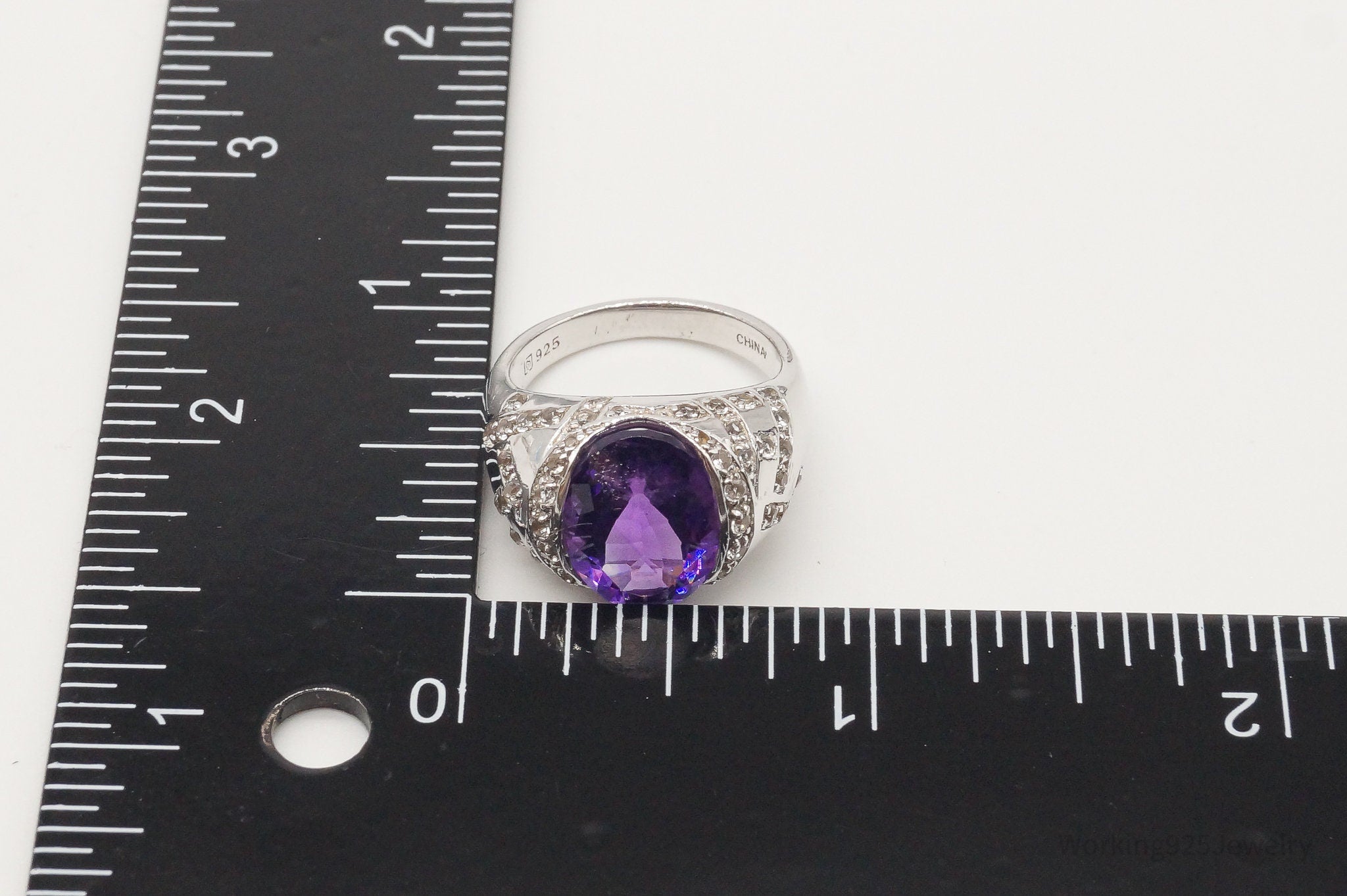 Vintage Large Amethyst Cubic Zirconia Sterling Silver Ring Size 7