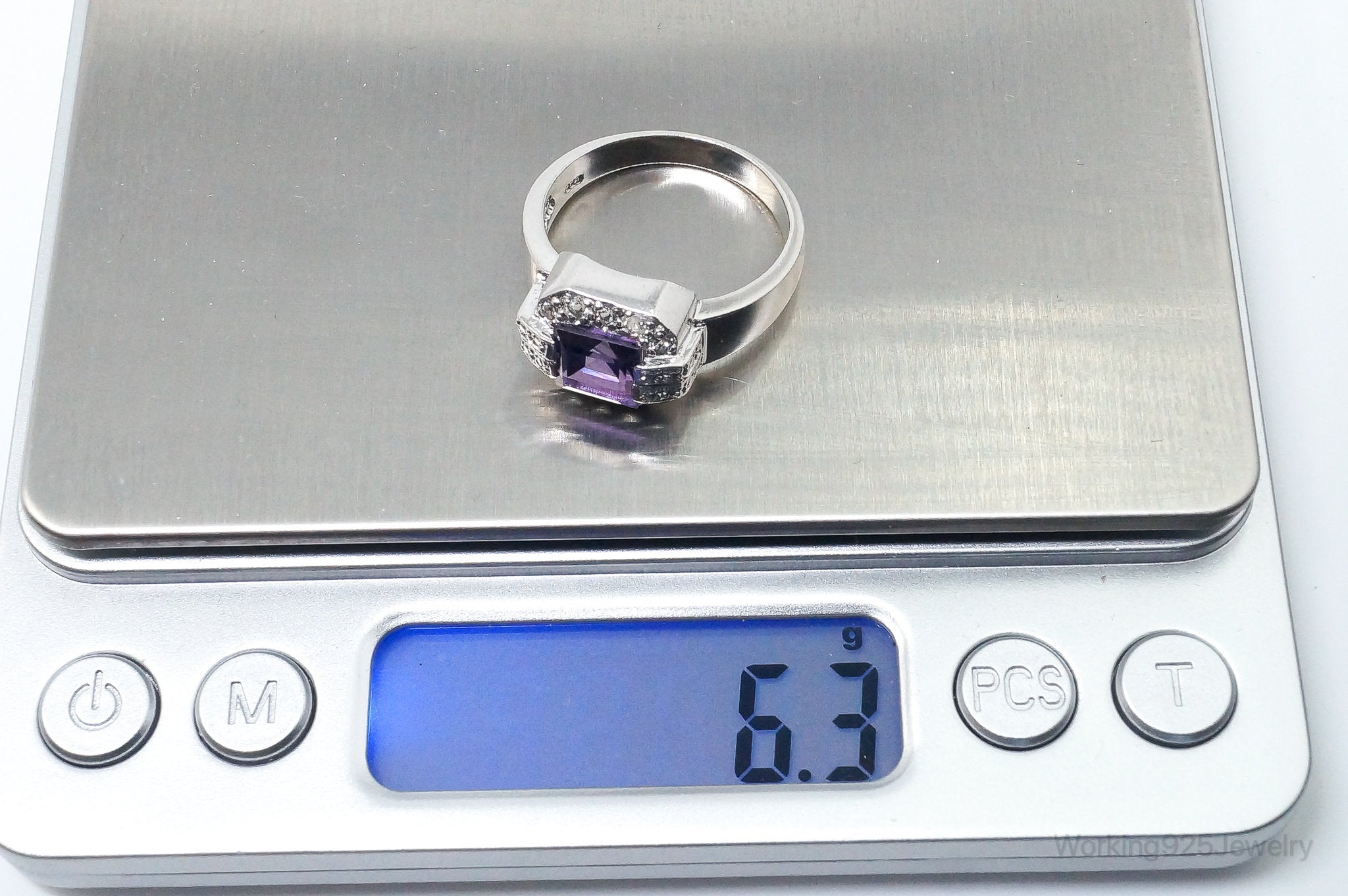 Vintage Amethyst Cubic Zirconia Art Deco Sterling Silver Ring - SZ 10.25