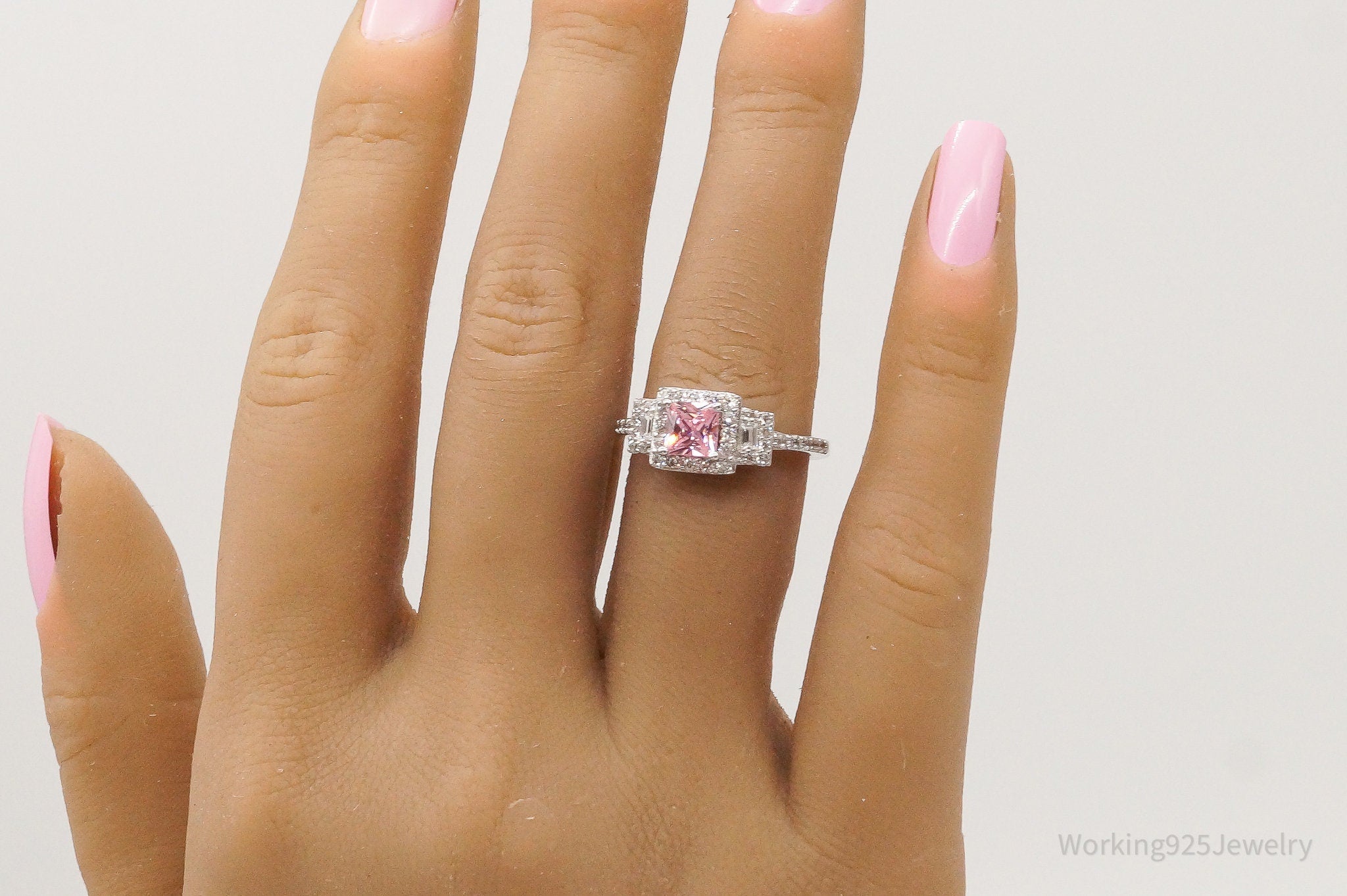 Pink & White Cubic Zirconia Sterling Silver Ring - Size 6.25