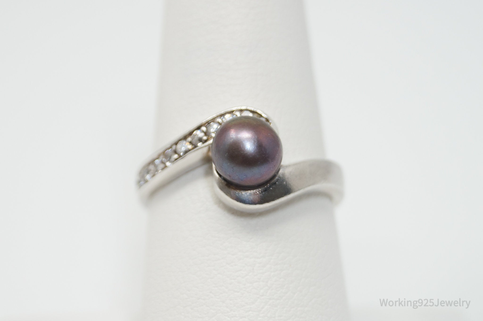 Vintage Designer Chapal-Zenray Tahitian Pearl CZ Sterling Silver Ring - Sz 7.75