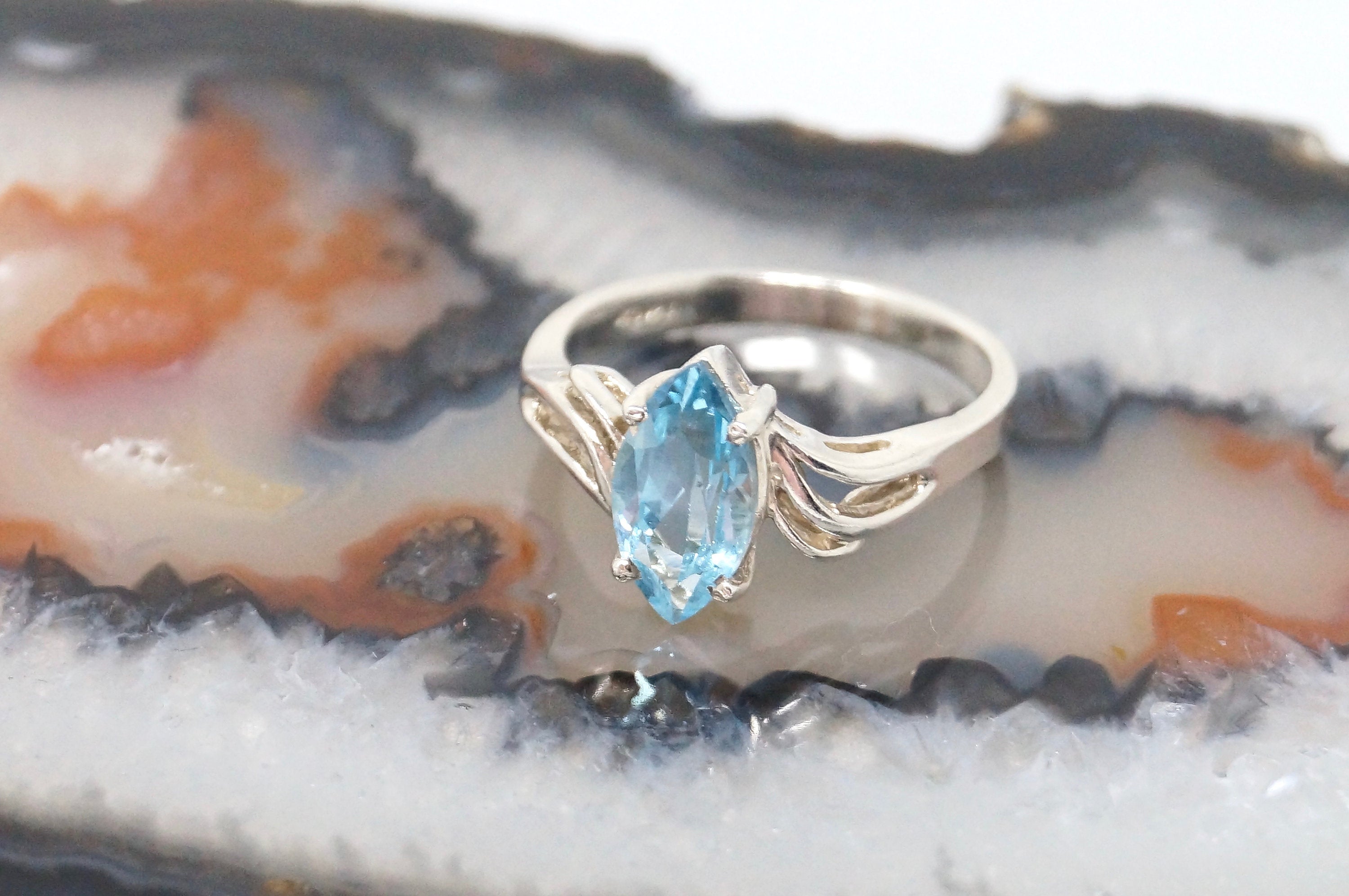 Vintage Art Deco Style Blue Topaz Sterling Silver Ring - Size 7.75