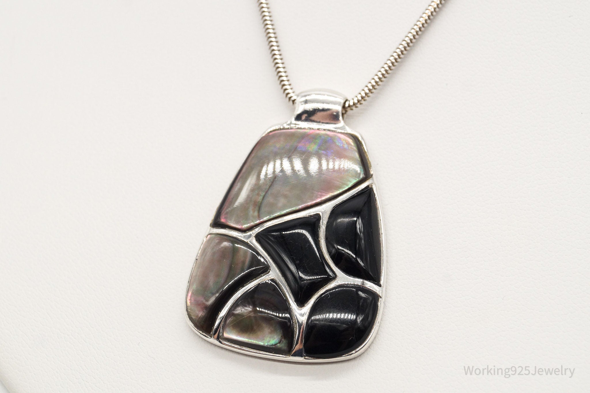 Vintage Black Onyx Paua Abalone Shell Sterling Silver Necklace