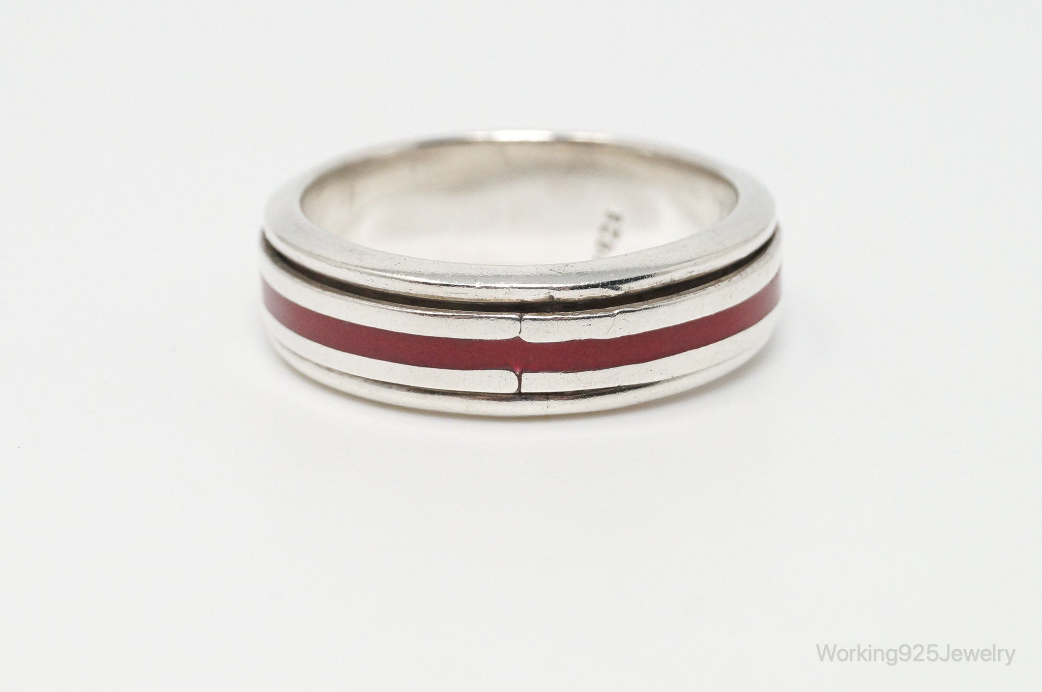 Vintage Red Enamel Modern Sterling Silver Band Spinner Ring - Sz 13.5