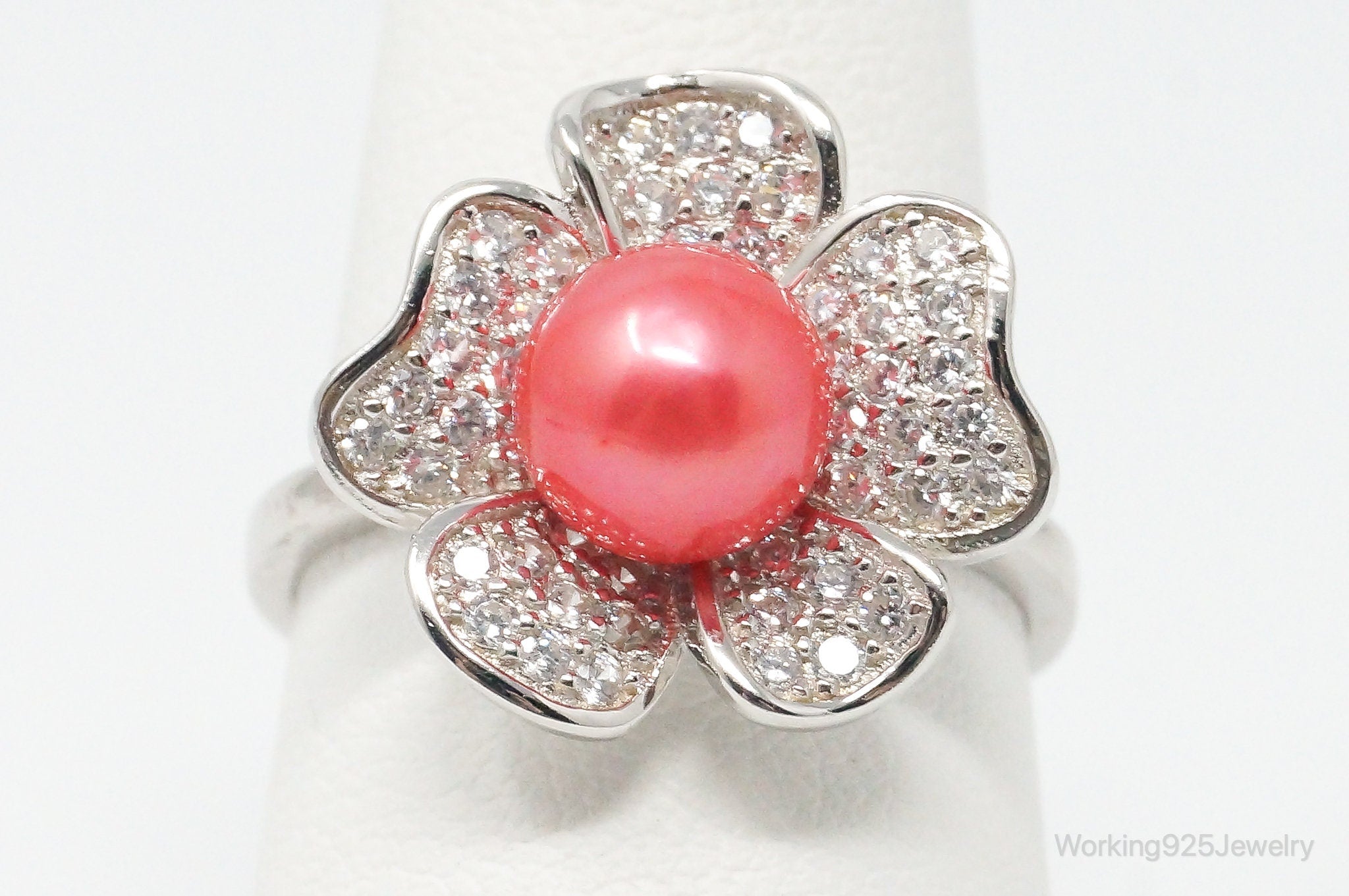 Lab Pearl Cubic Zirconia Sterling Silver Flower Ring - Size 7.25 Adjustable